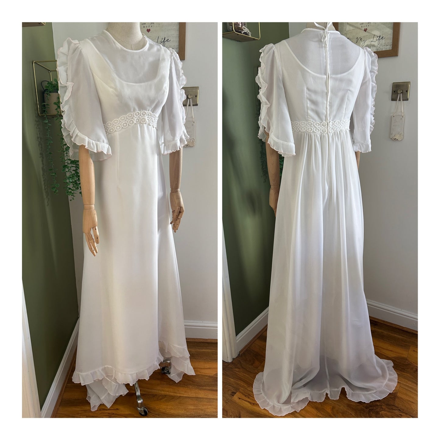 Vintage 1970s Size 6 White Ruffle Trim Mid Sleeve Boho Wedding Dress With Small Train