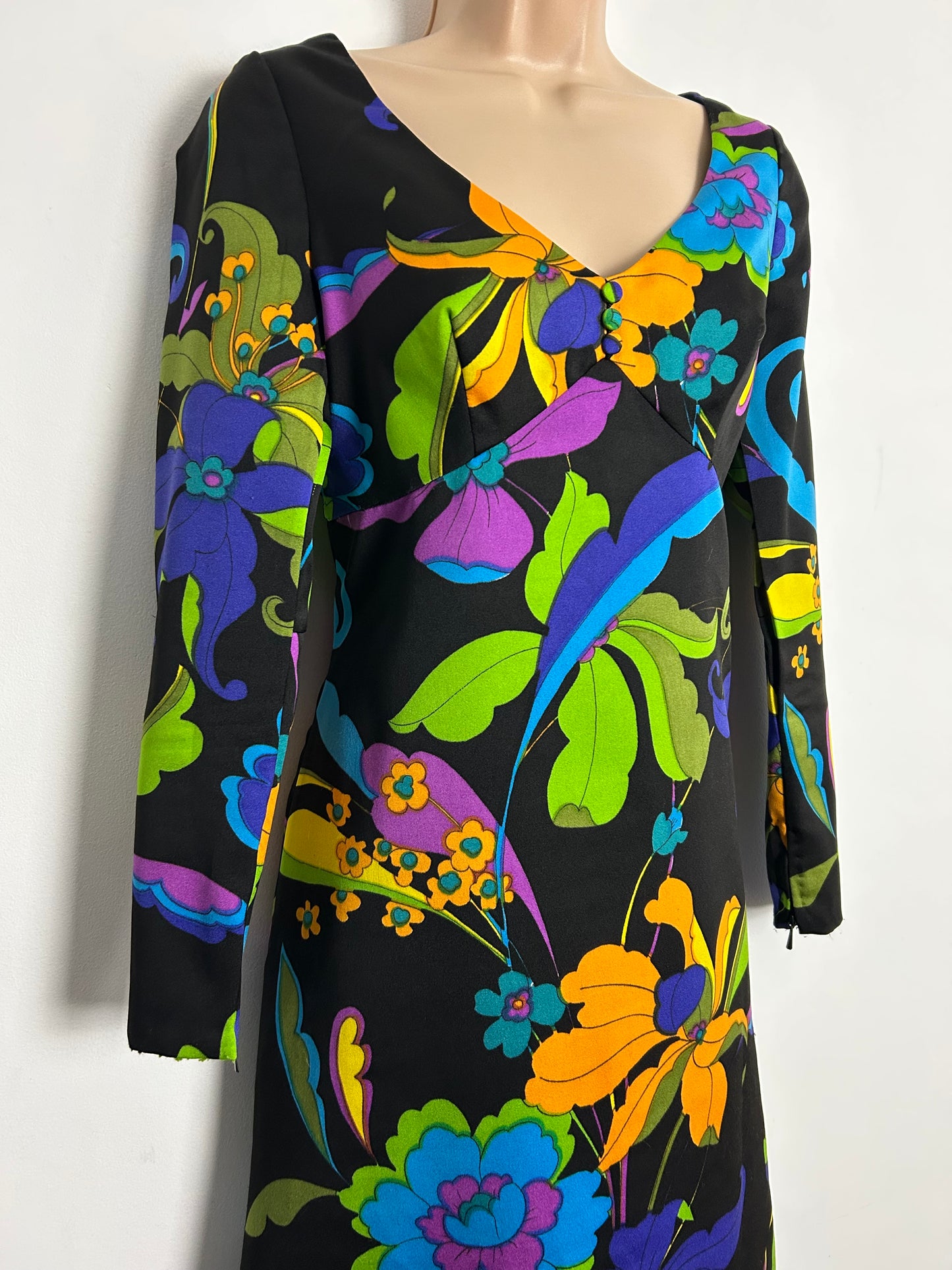 Vintage 1970s UK Size 8-10 Black Vibrant Multicolour Floral Print Long Sleeve Maxi Dress