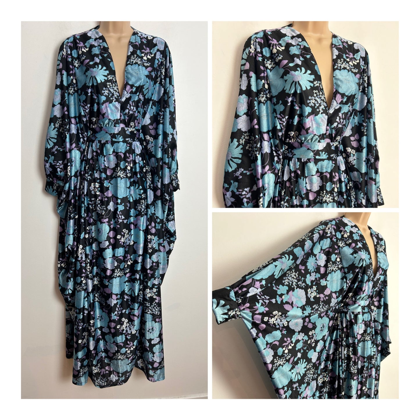 Vintage 1970s RICHARD SHOPS One Size Up To Size 18/20 Black Blue & Grey Floral Print Wide Sleeve Kaftan Maxi Dress (Size 10-14 With Concealed Waist Strap Fastened)