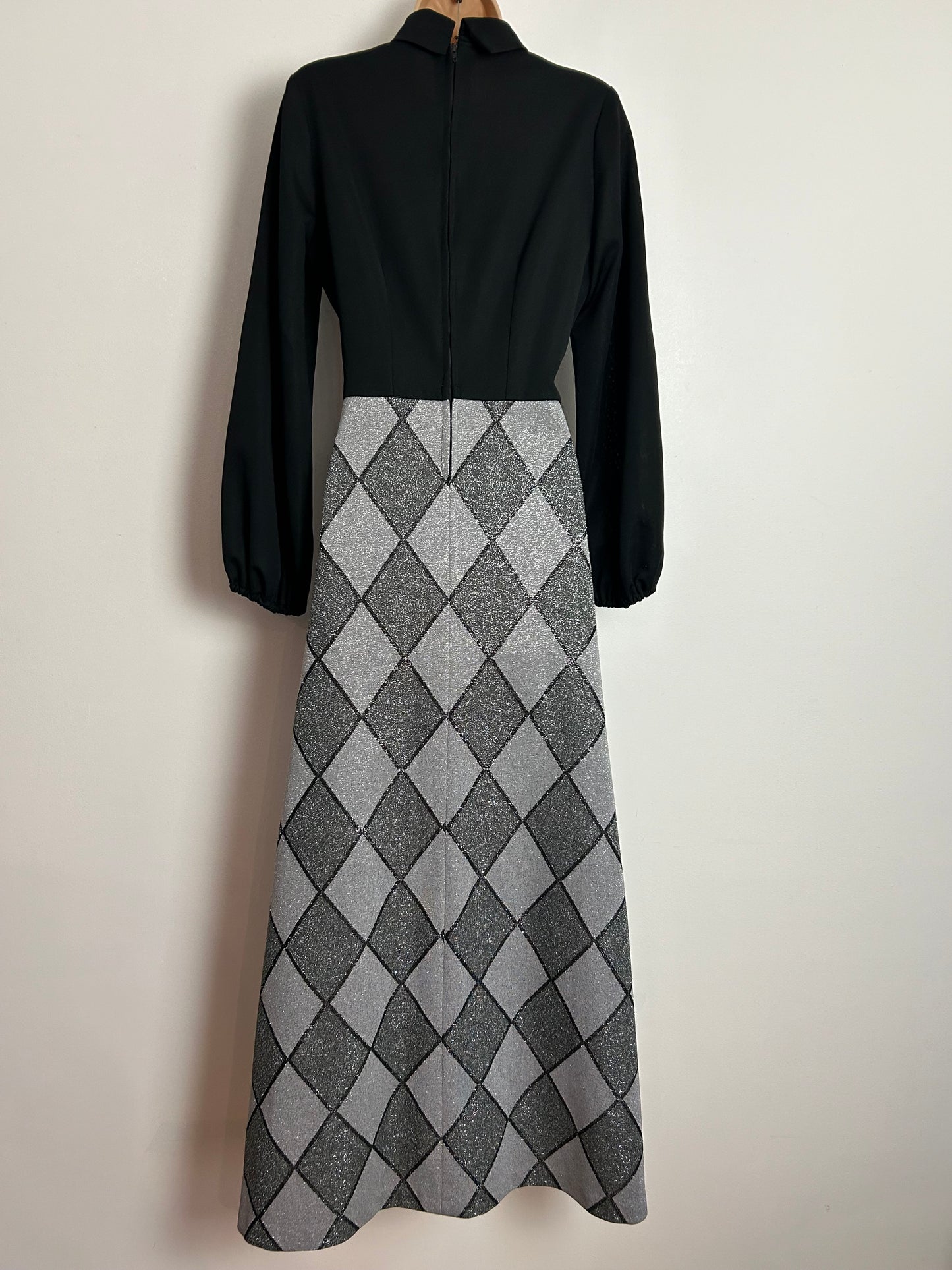 Vintage 1970s UK Size 12 Black & Silver Lurex Diamond Check Pattern Long Sleeve Occasion Maxi Dress