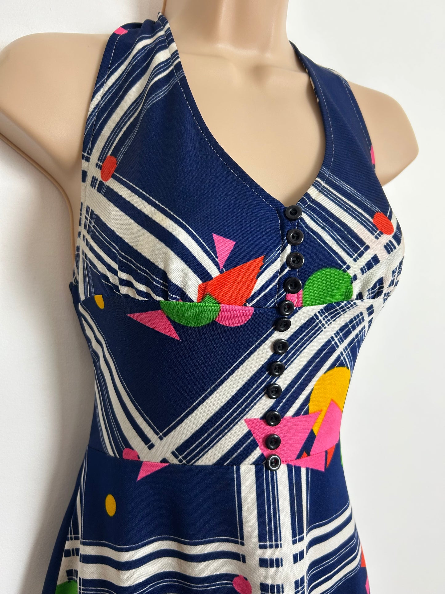 Vintage 1970s Size 6-8 Navy Blue White Pink Yellow & Green Abstract Print Halter Neck Summer Dress