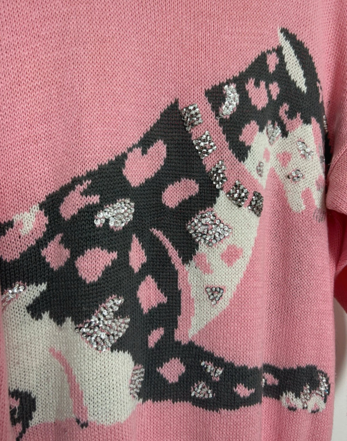 Vintage 1990s Size 12 Pink & Grey Bead & Sequin Embellished Leopard Novelty Print Jumper