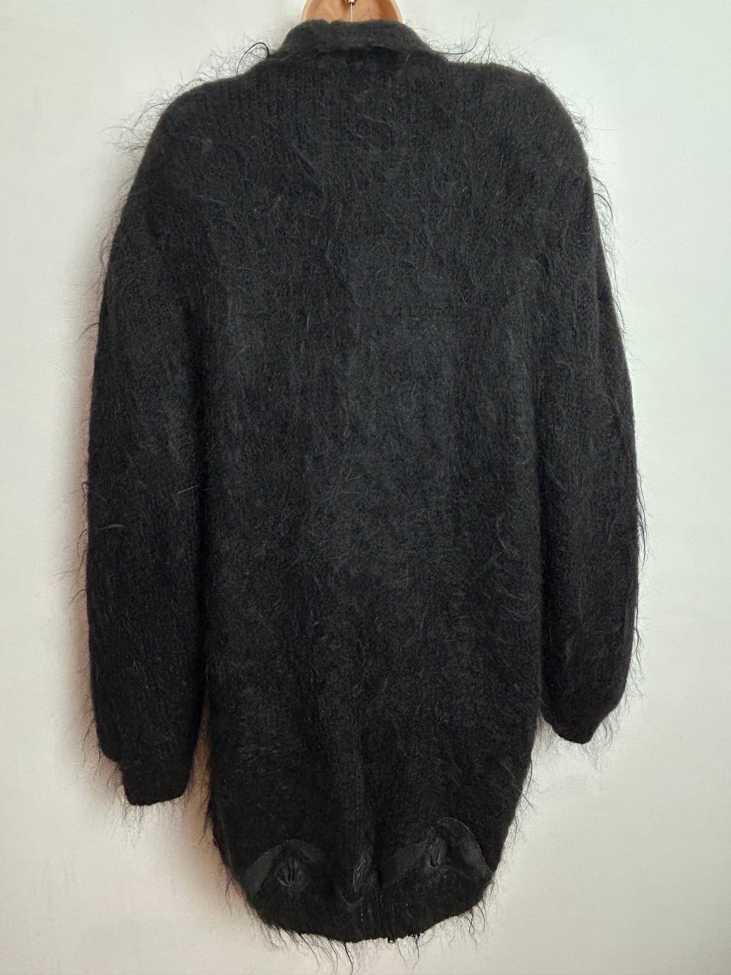 Vintage 1980s One Size Up To 16/18 Black Mohair Faux Leather Applique Fully Lined Cardigan