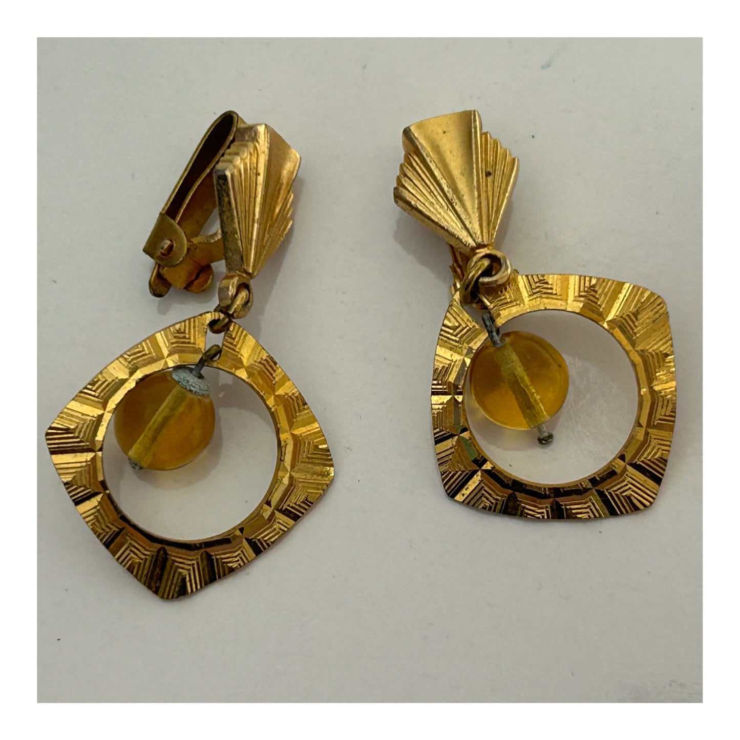 Vintage 1960s Gold Tone Etched Dangle Earrings With Amber Coloured Glass Bead Dropet