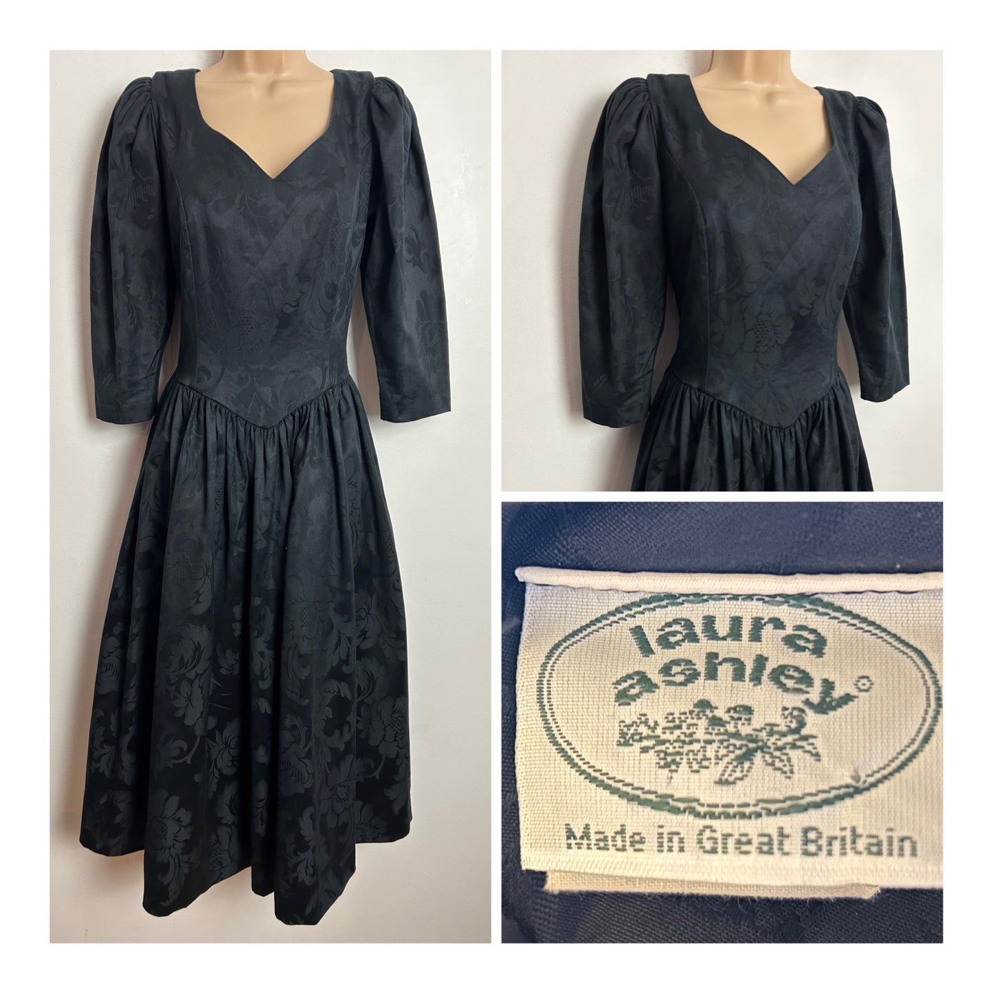 Vintage 80s LAURA ASHLEY UK 10 (Size 14 On Label) Black Embossed Damask Pleated Midi Dress