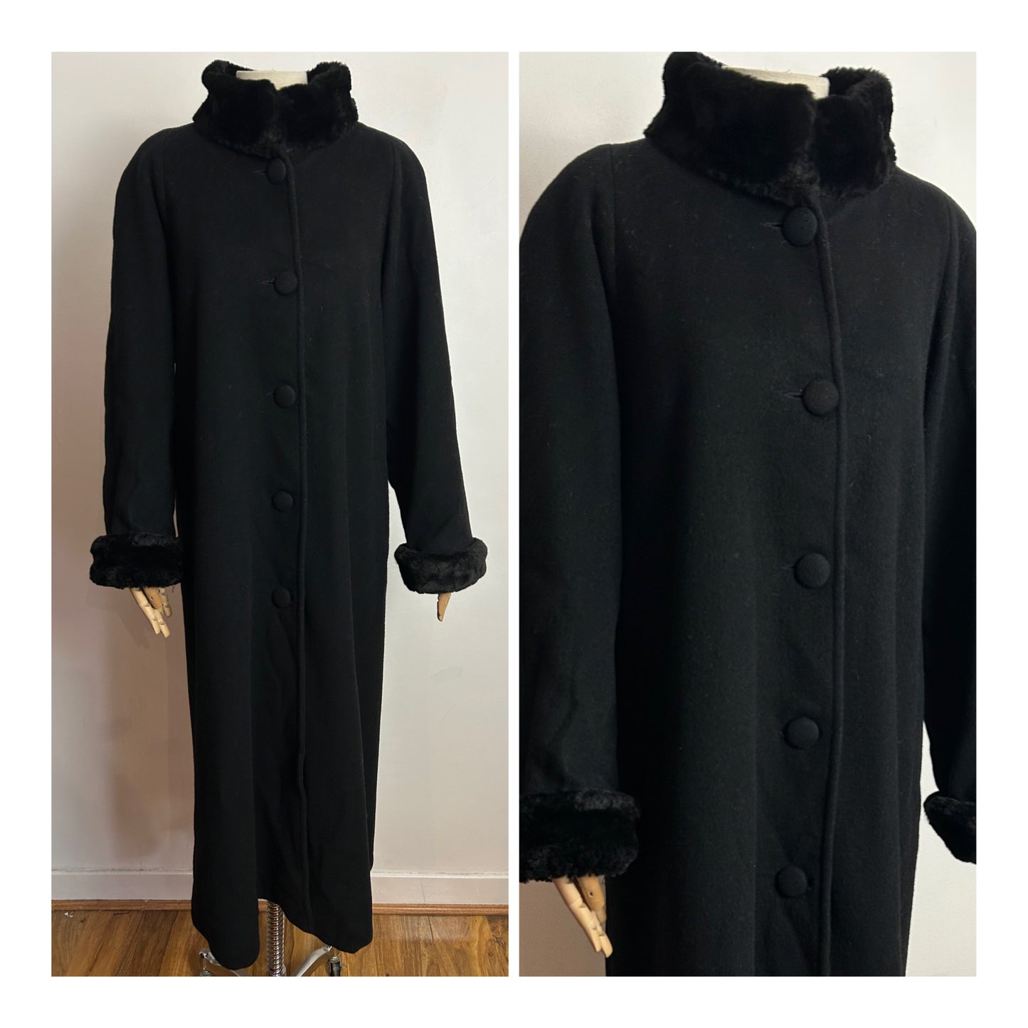 Vintage 1980s ALBERT NIPON UK Size 14-16 Black 100% Wool Faux Fur Trim Longer Length Coat