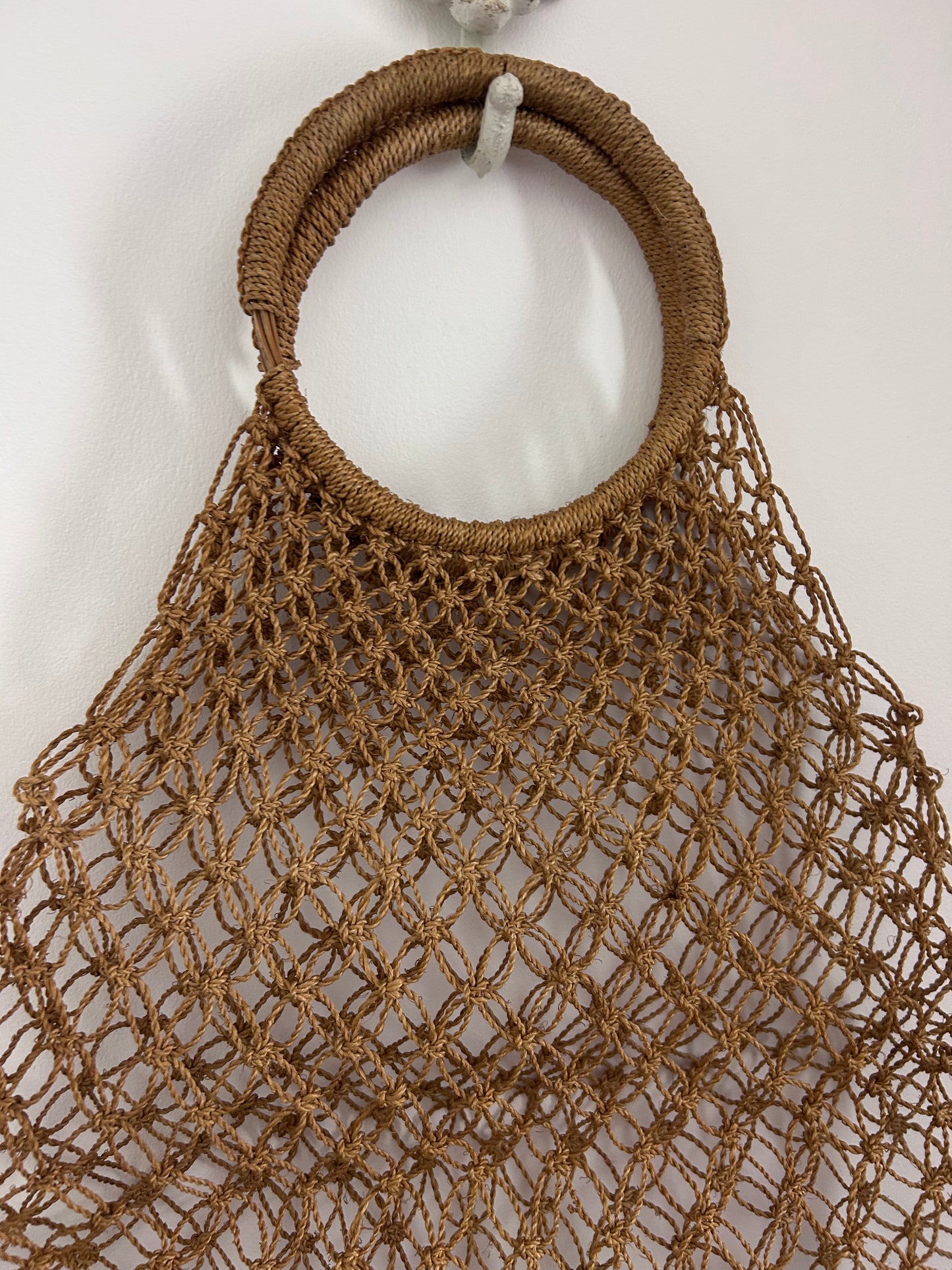 Vintage 1970s Tan Brown String Macrame Woven Shopping Bag With Twine Covered Handles