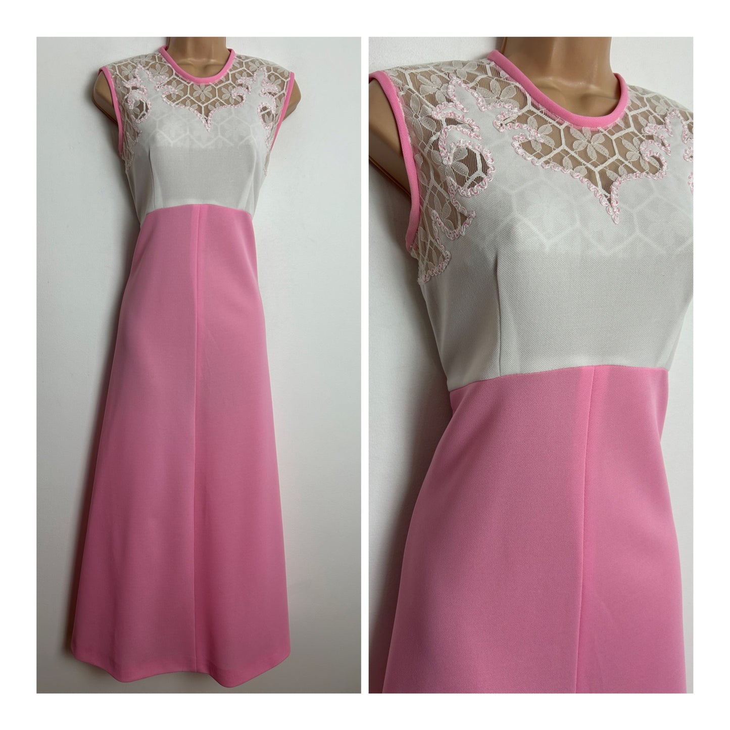 Vintage Late 1960s Size 12 Pink & White Lace Detail Sleeveless Summer Maxi Dress