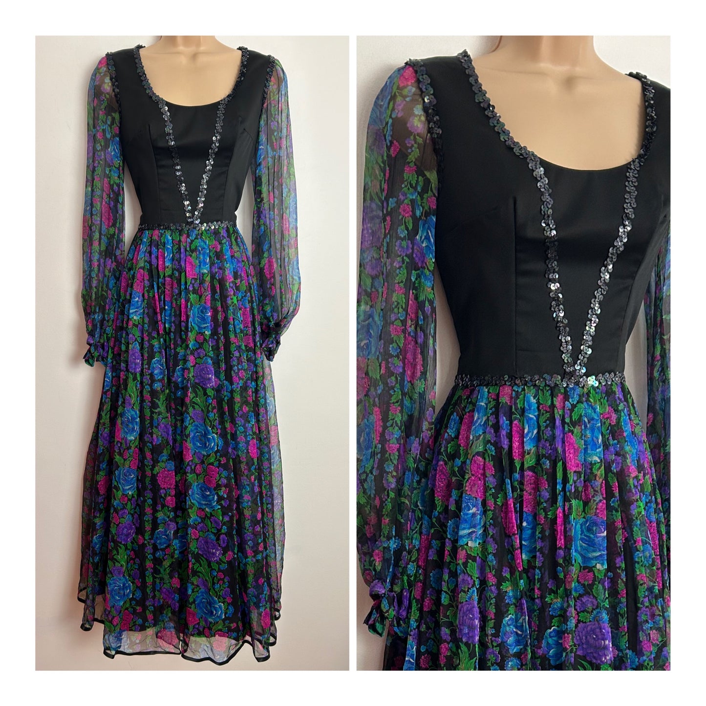 Vintage 1970s UK Size 6 Black Pink Blue & Purple Floral Print Sequin Detail Long Sleeve Pleated Boho Maxi Dress