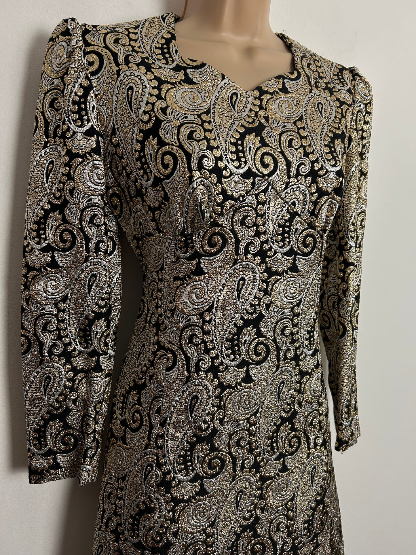 Vintage 1960s UK Size 8 Black Gold & Silver Metallic Lurex Brocade Occasion Evening Maxi Dress