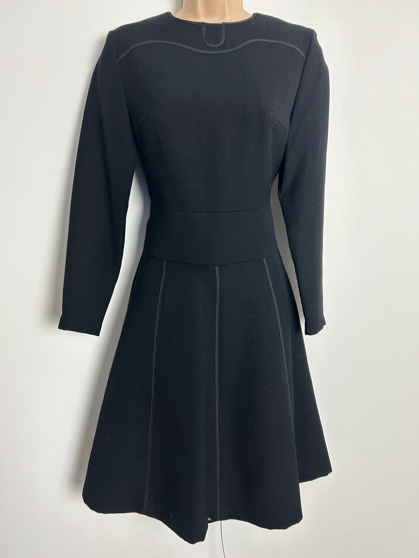 Vintage 1960s EIN FINK MODELL UK Size 6-8 Black Pure New Wool Braid Detail Long Sleeve Mod Dress