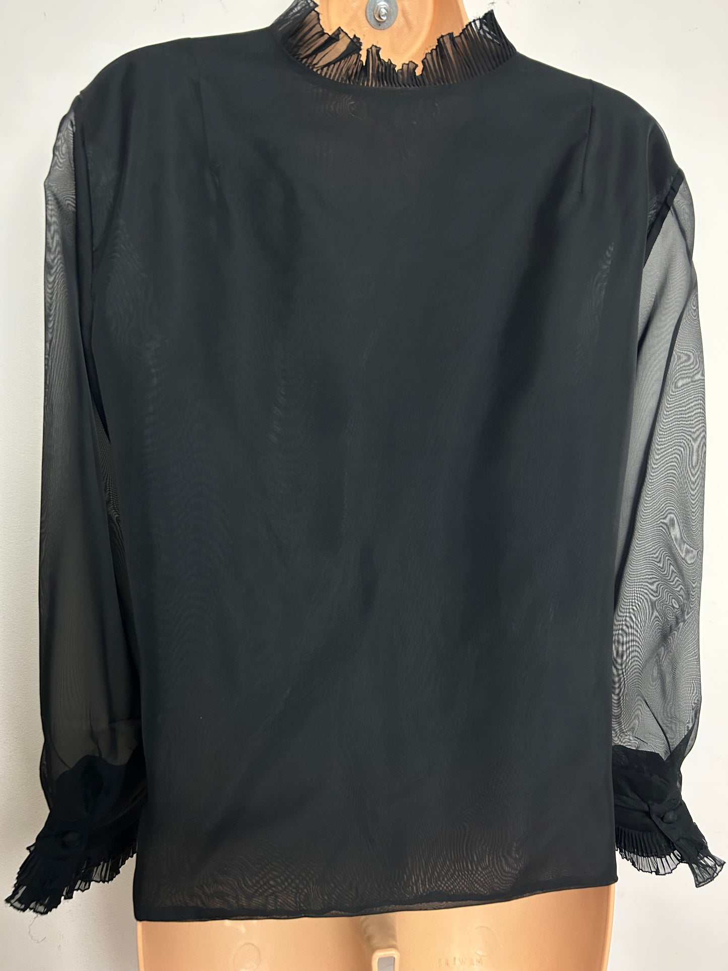 Vintage 1960s ELAMOD PARIS Size 16 Black Ruffle Trim Bow Detail Blouse