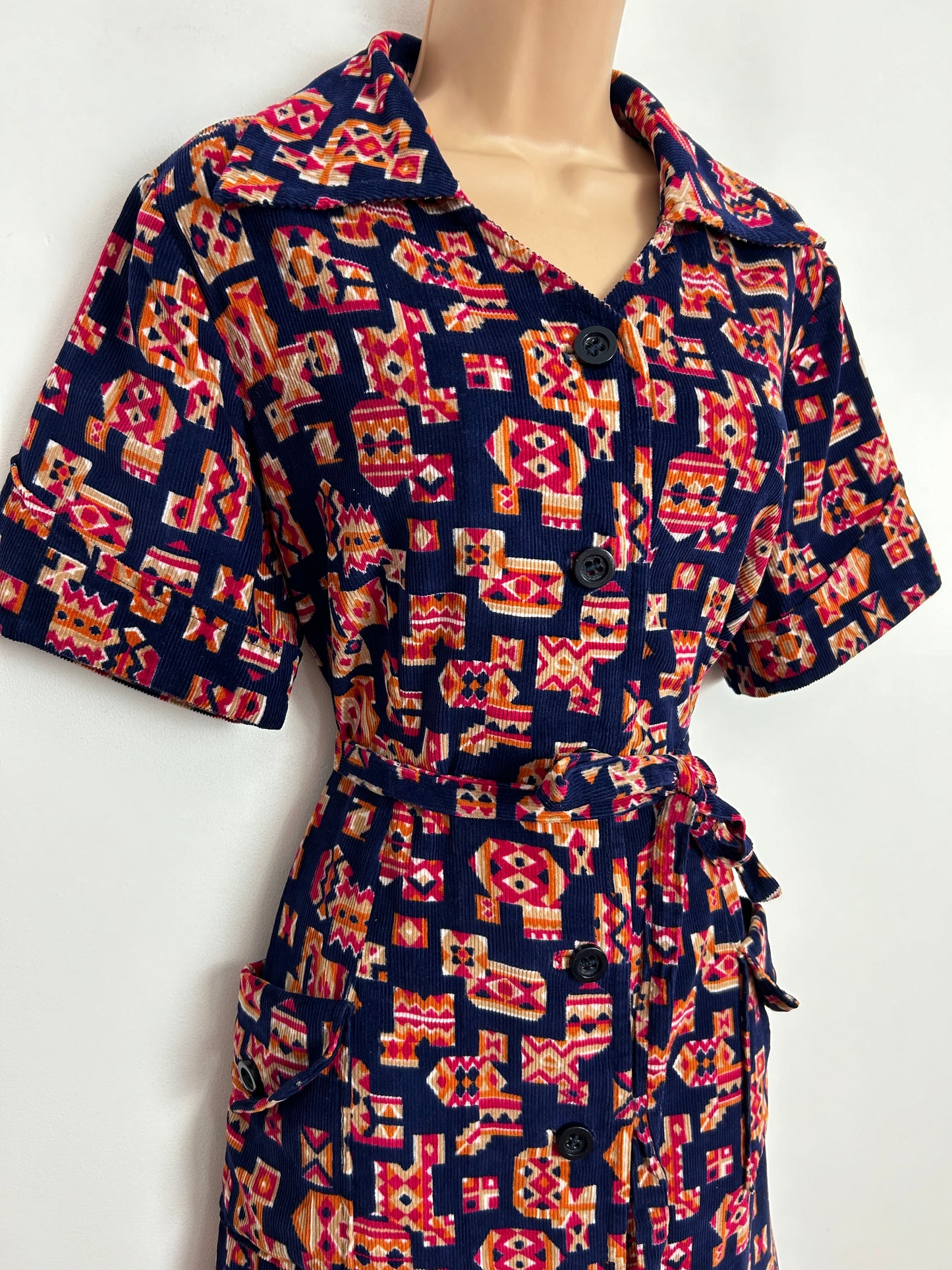 Vintage 1970s UK Size 16 Navy Blue Orange & Red Abstract Geo Print Corduroy Short Sleeve Belted Mod Dress
