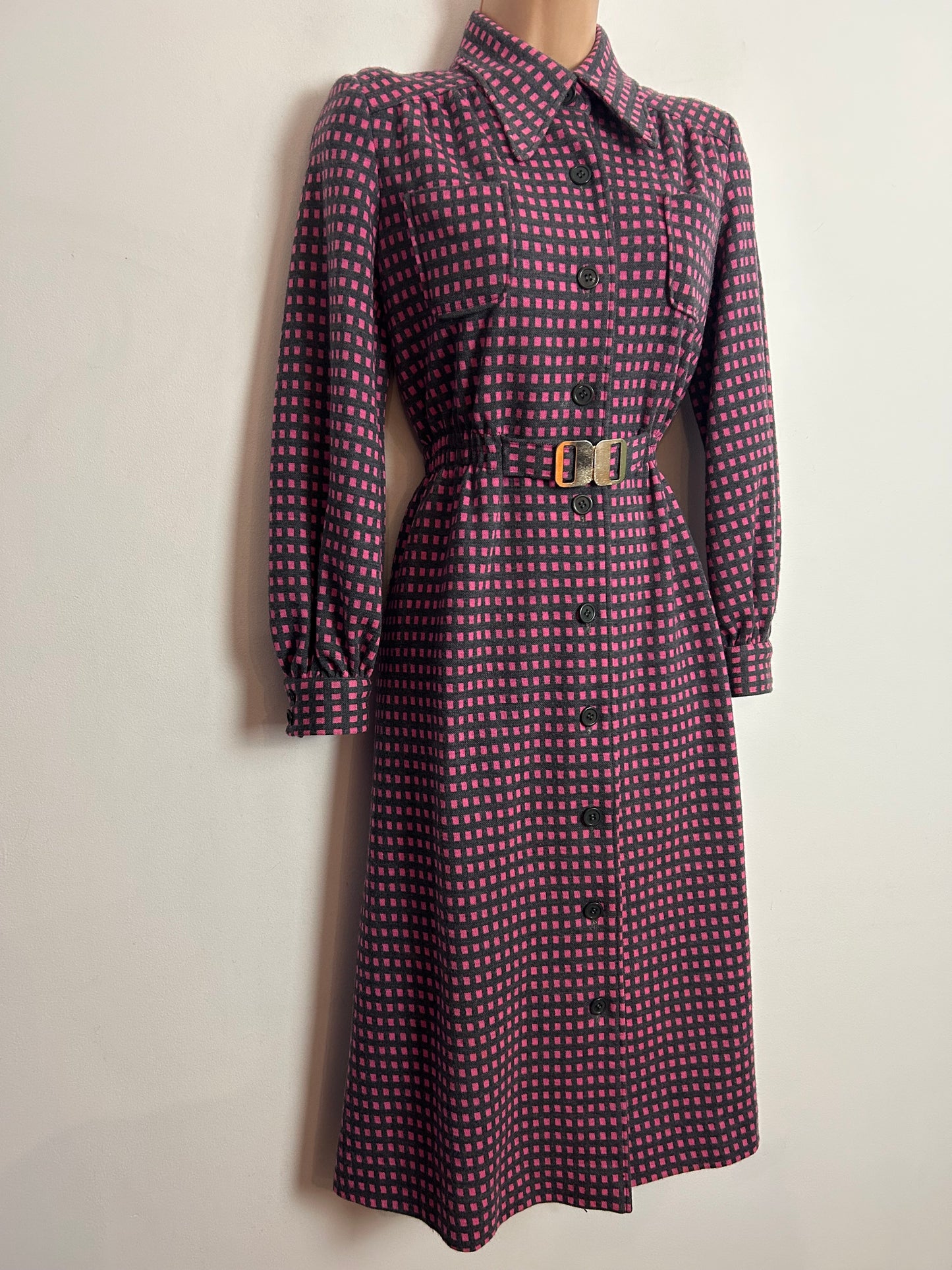 Vintage 1970s UK Size 12 Grey & Pink Check Wool Mix Buckle Waist Long Sleeve Day Dress