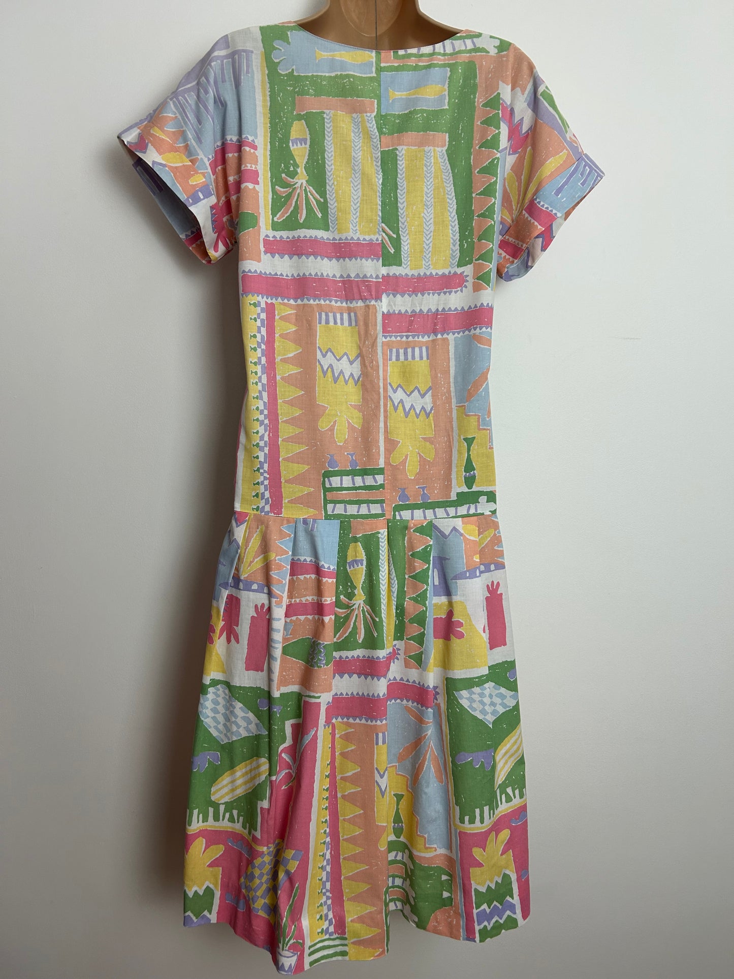 Vintage 1980s LAURA ASHLEY UK Size 10 Pastel Green Lemon Pink & Blue Abstract Pink Tunic Smock Dress