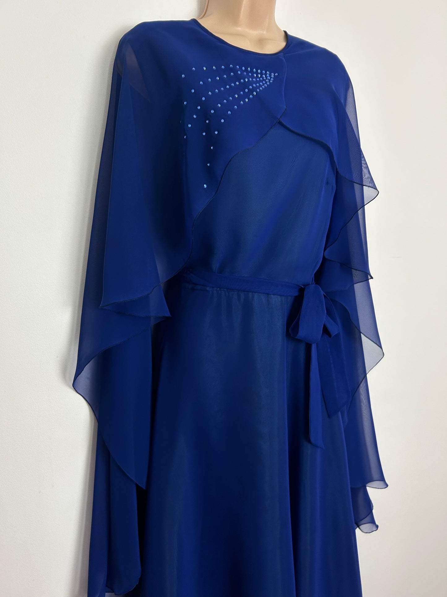 Vintage Late 1970s Size 12 Royal Blue Chiffon Rhinestone Detail Cape Sleeve Belted Occasion Evening Maxi Dress