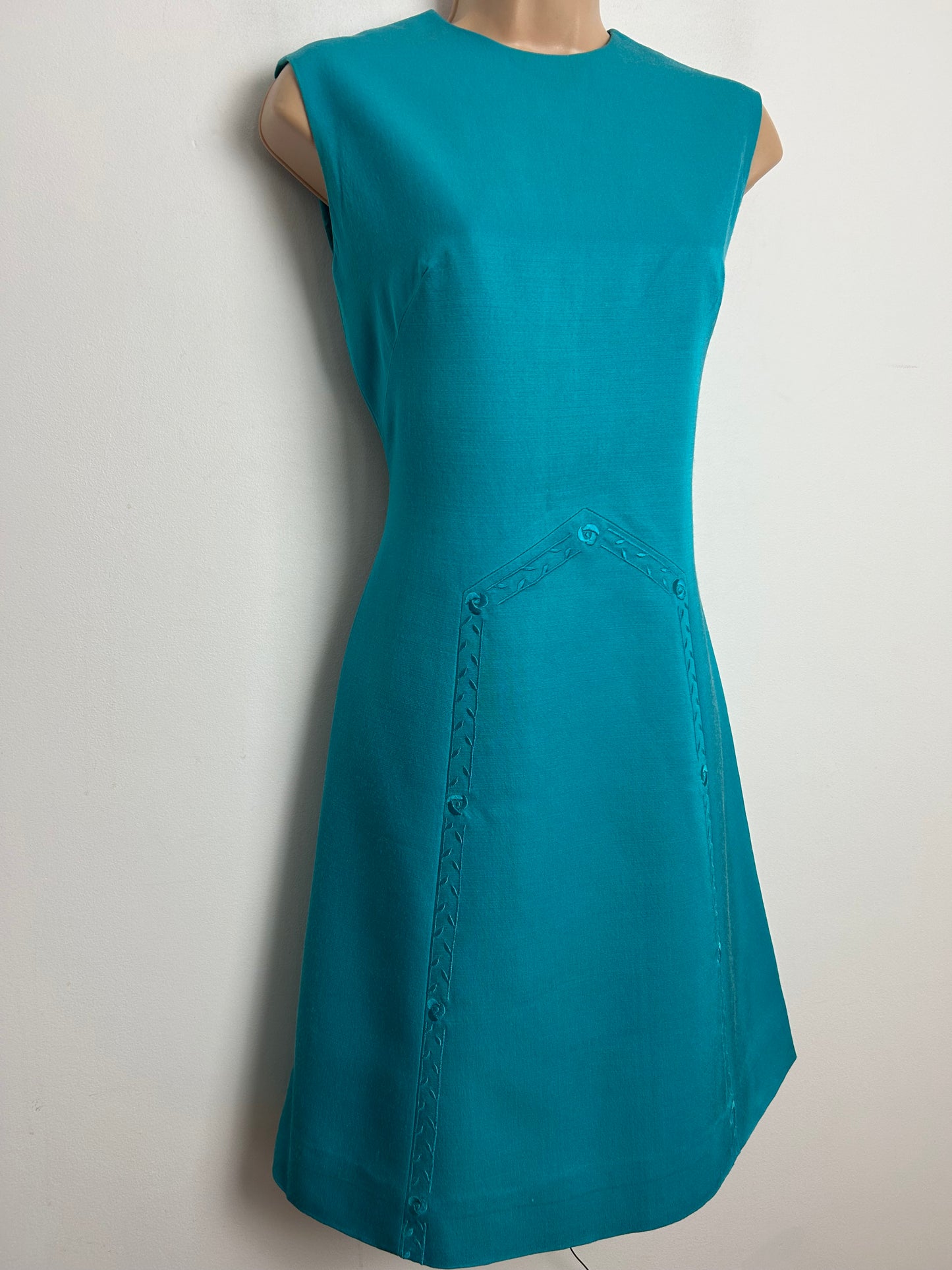 Vintage 1960s PEGGY FRENCH COUTURE Size 8 Dark Turquoise Embroidered Stitch Detail Mod Shift Dress