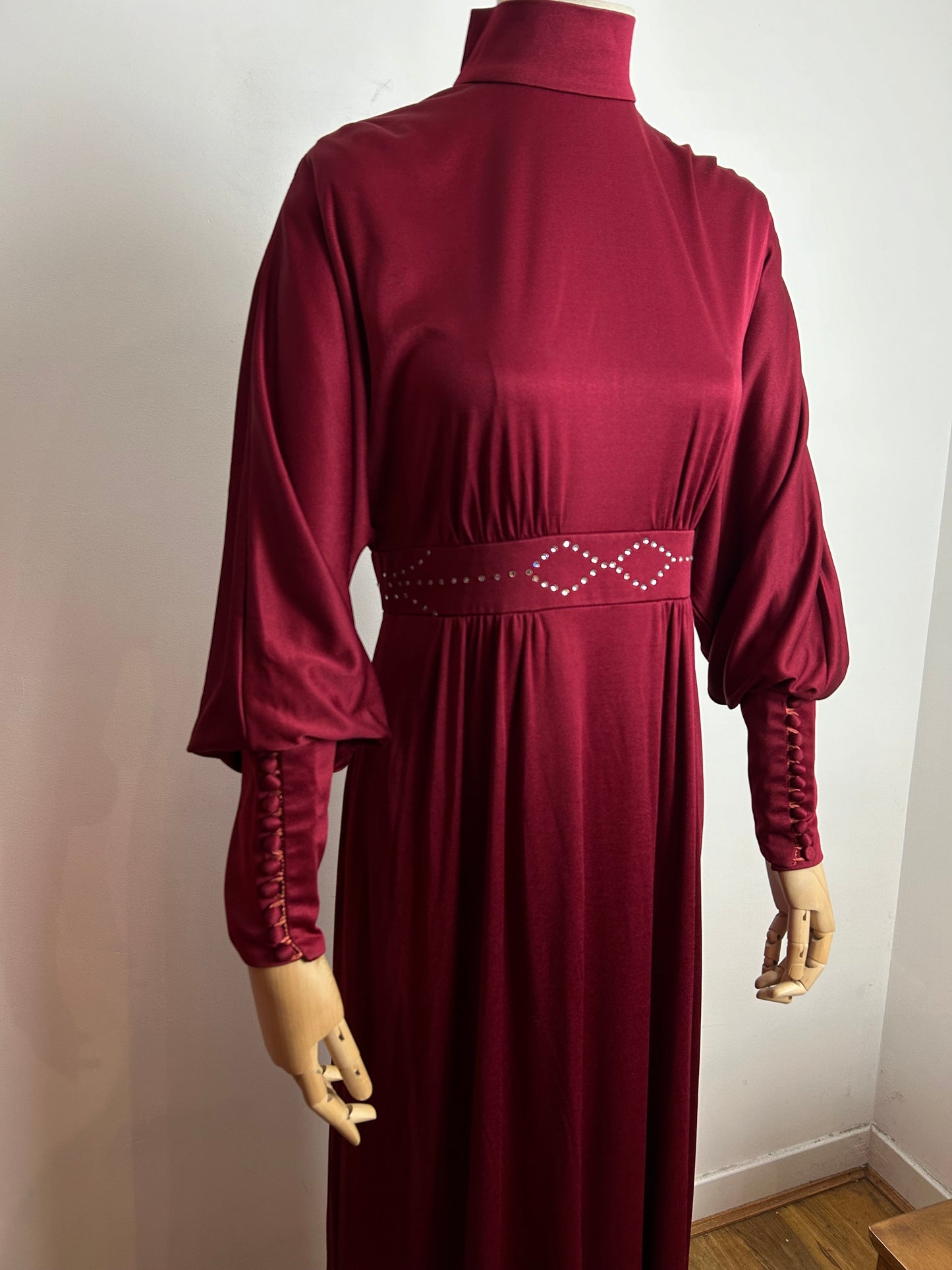 Vintage Late 1970s COCKTAIL HOFFMAN UK Size 12 Dark Red Long Dolman Sleeve Tight Cuffs Rhinestone Detail Occasion Evening Maxi Dress
