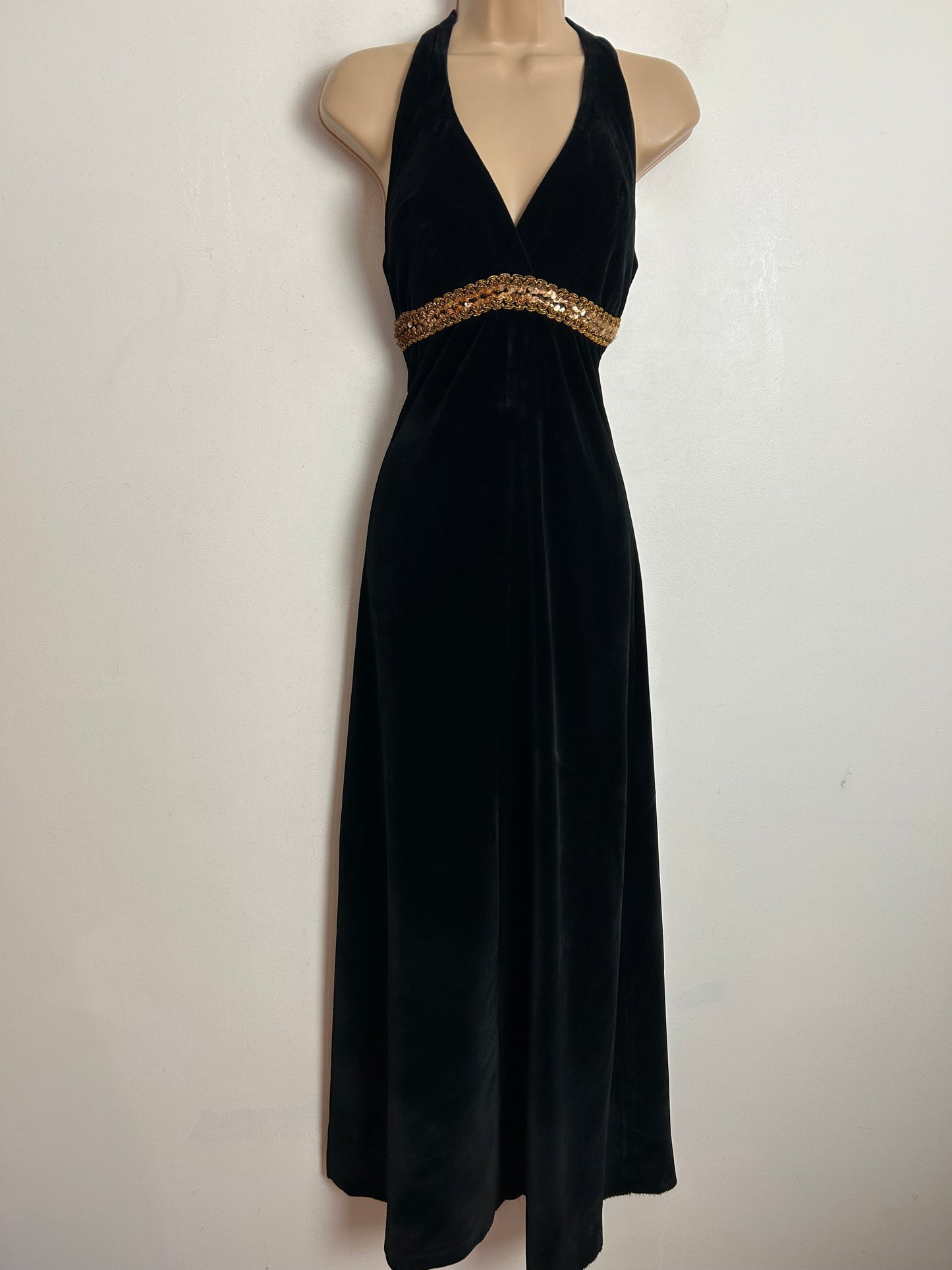Vintage 1970s UK Size 8 Black Velvet & Gold Braid & Sequin Embellished Halterneck Occasion Evening Maxi Dress