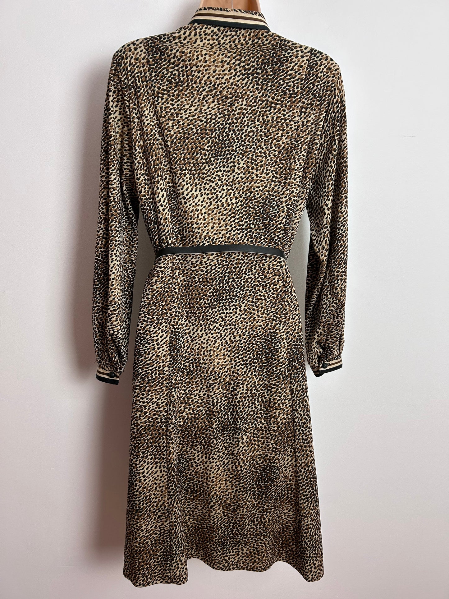 Vintage 1970s UK Size 14 Brown Tones Fleck Print Pussy Bow Long Sleeve Belted Day Dress
