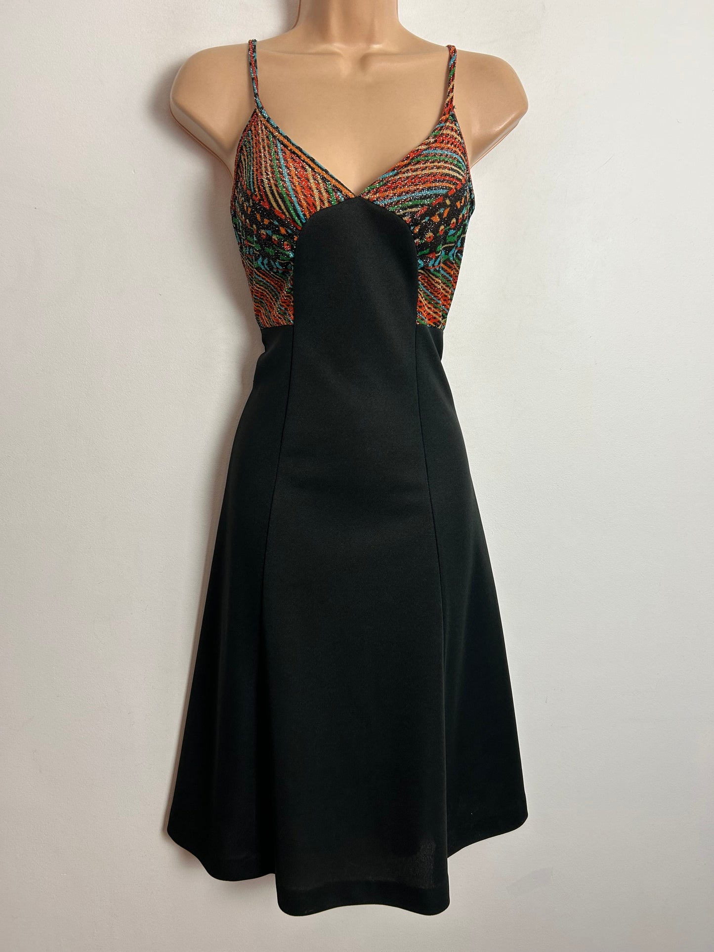 Vintage 1970s UK Size 10 Black Orange Green Blue Lurex Strappy Midi Party Dress