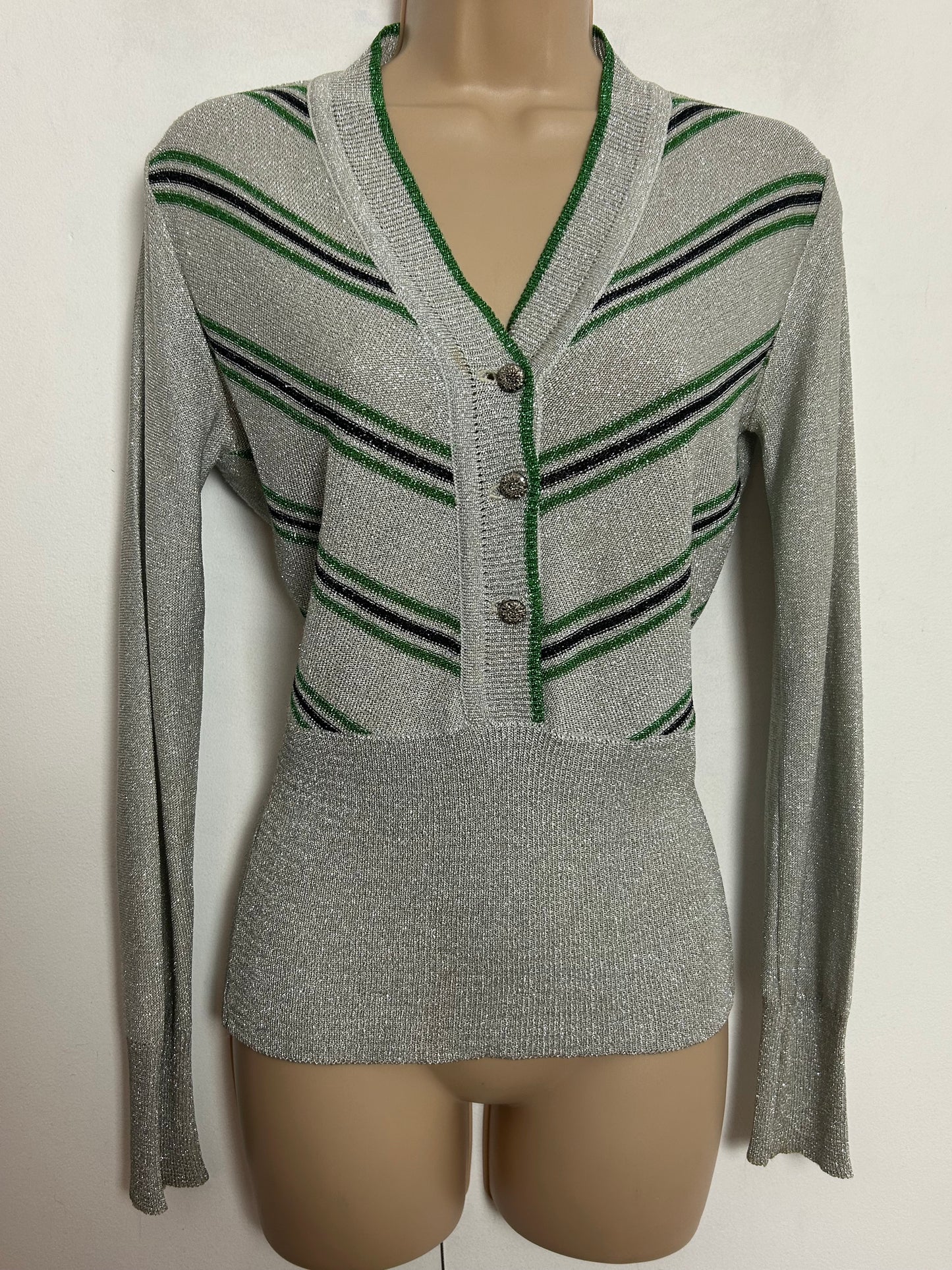 Vintage 1970s UK Size 10-12 Silver Green & Black Stripe Lurex Long Sleeve Top