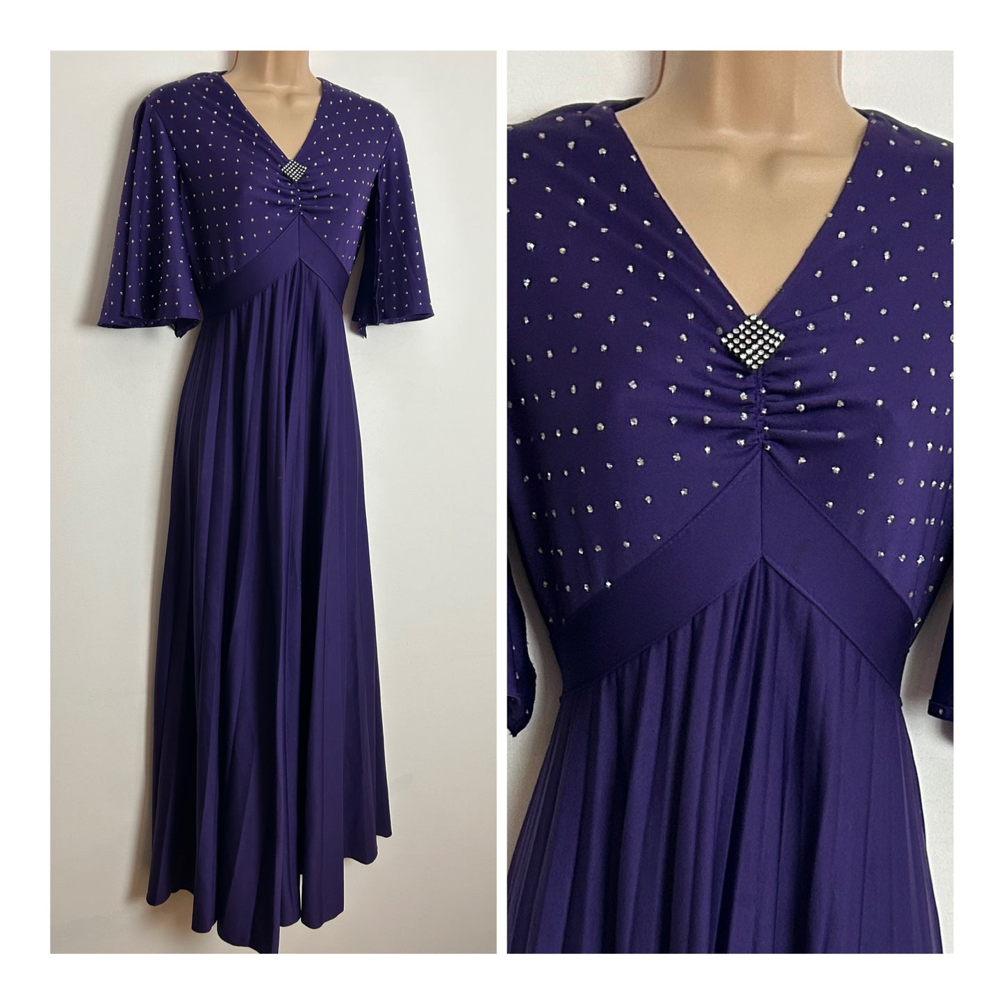 Vintage 1970s MAG FORTAIL UK Size 10 Purple & Silver Sequin Detail Pleated Occasion Maxi Dress