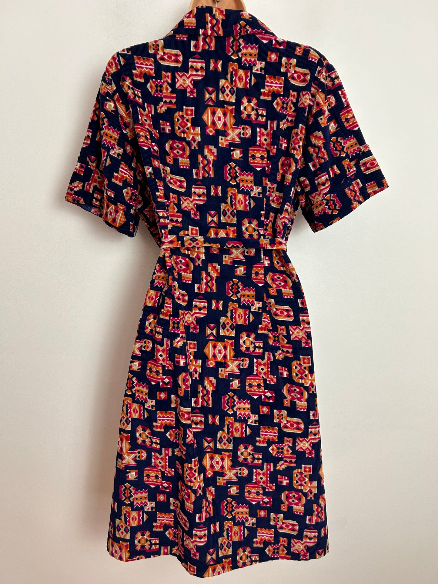 Vintage 1970s UK Size 16 Navy Blue Orange & Red Abstract Geo Print Corduroy Short Sleeve Belted Mod Dress