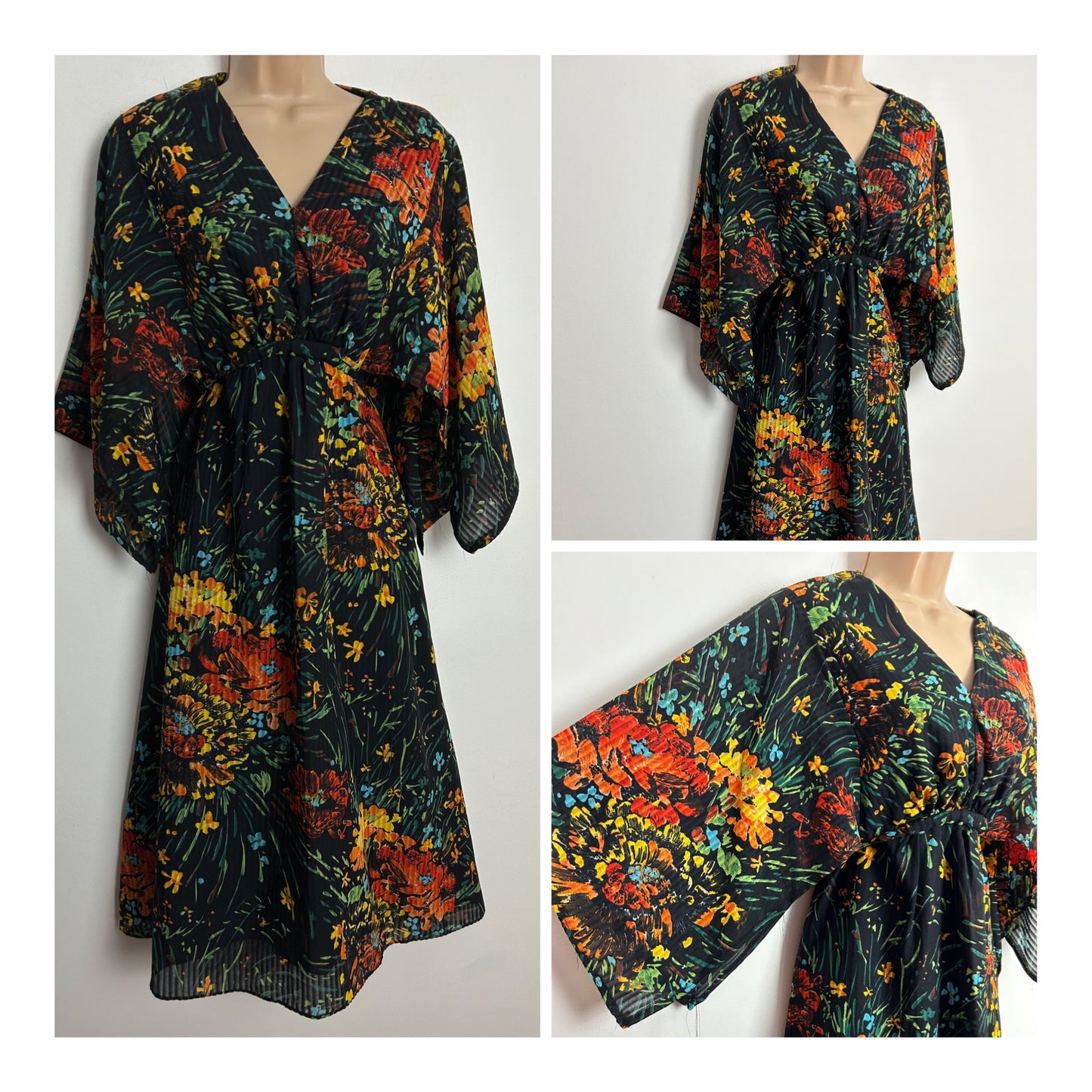 Vintage 1970s UK Size 14 Pretty Black Orange & Green Floral Print Mid Length Hanky Sleeve Midi Dress