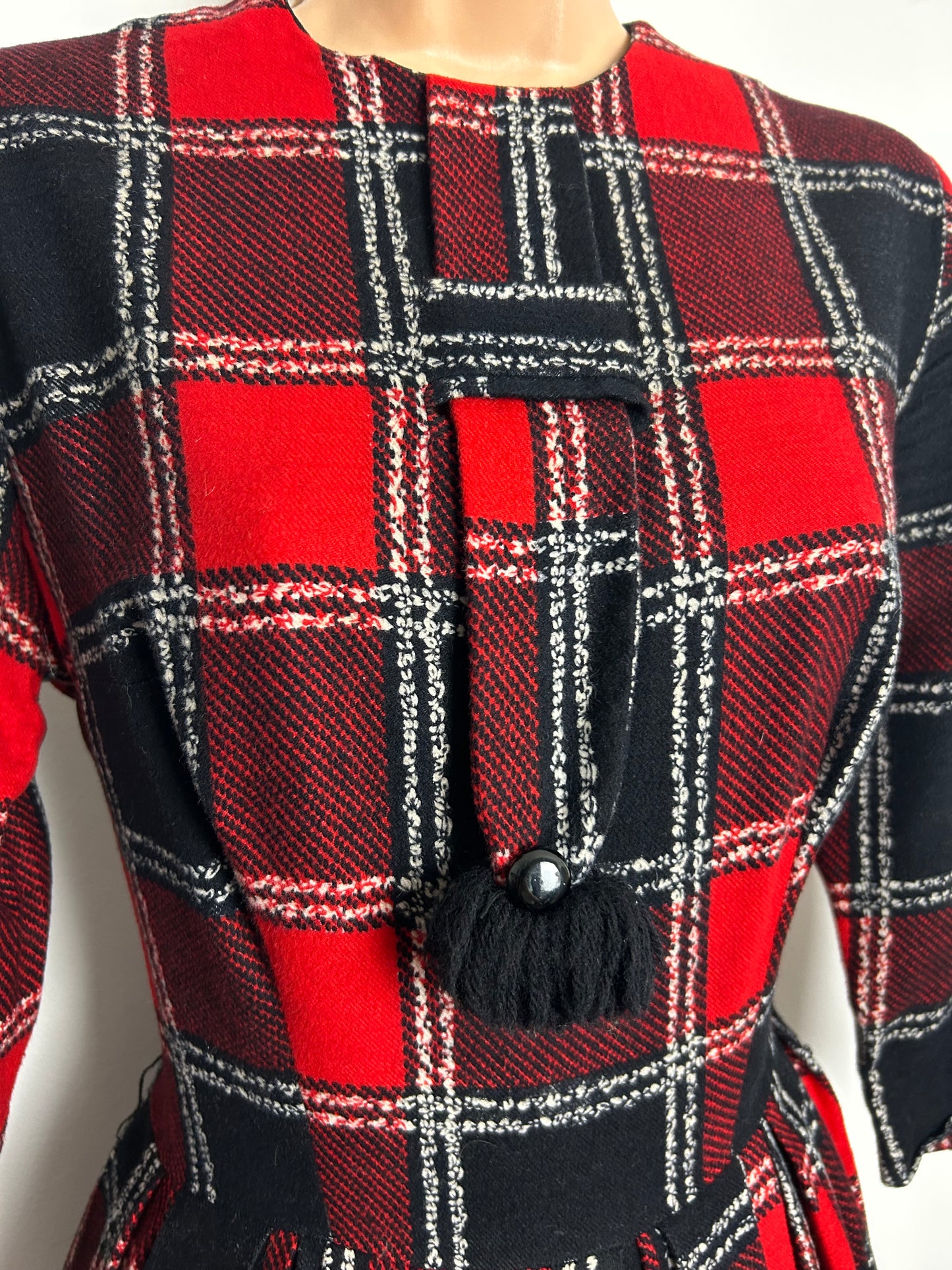Vintage 1950s FAIMAN OF OXFORD Size 8-10 Red Black & White Check Print Wool Blend Long Sleeve Tassel Pleated Winter Dress