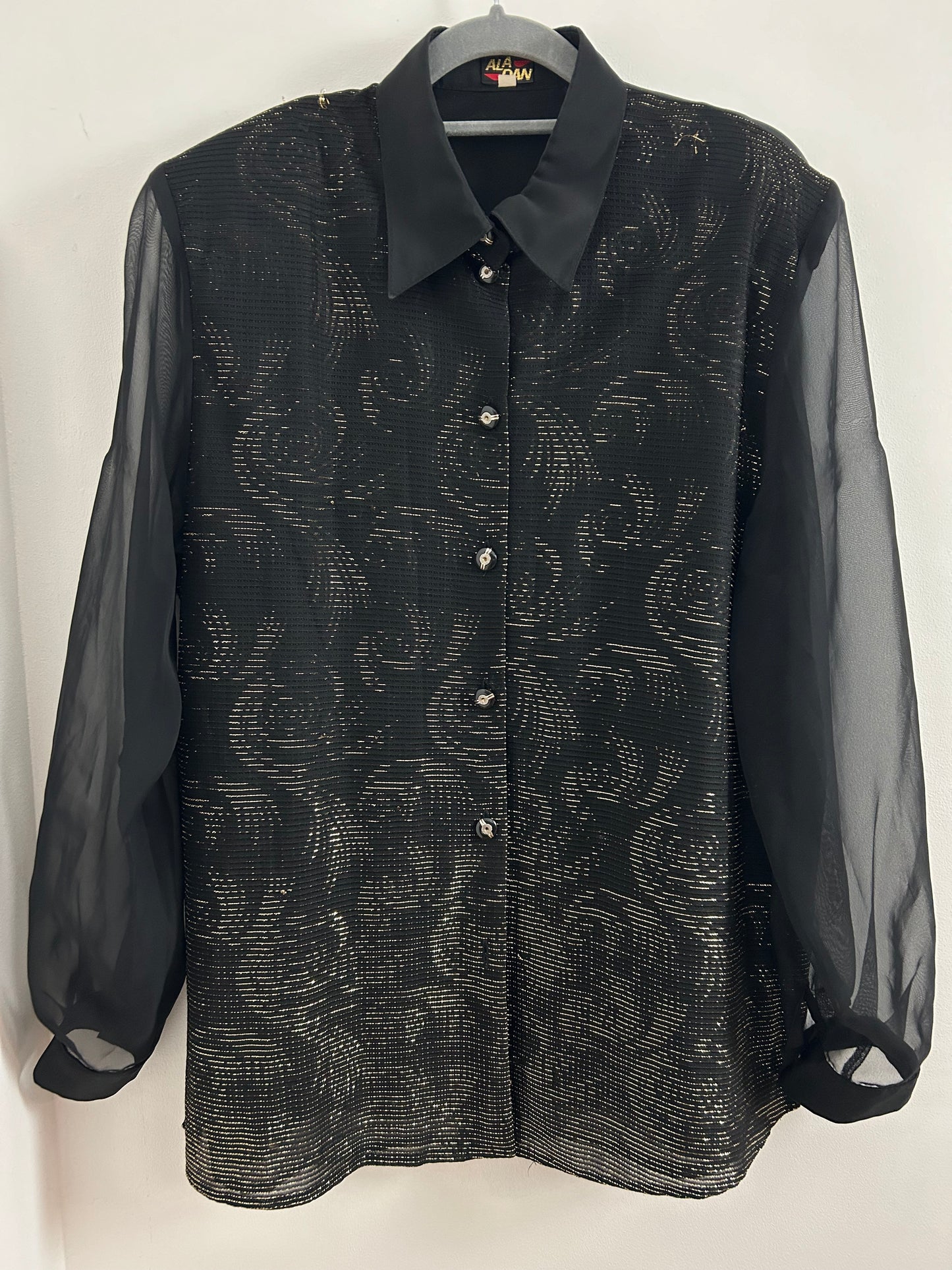 Vintage 1980s ALADAN UK Size 14 Back & Gold Metallic Swirly Stripe Pattern Long Sleeve Shirt