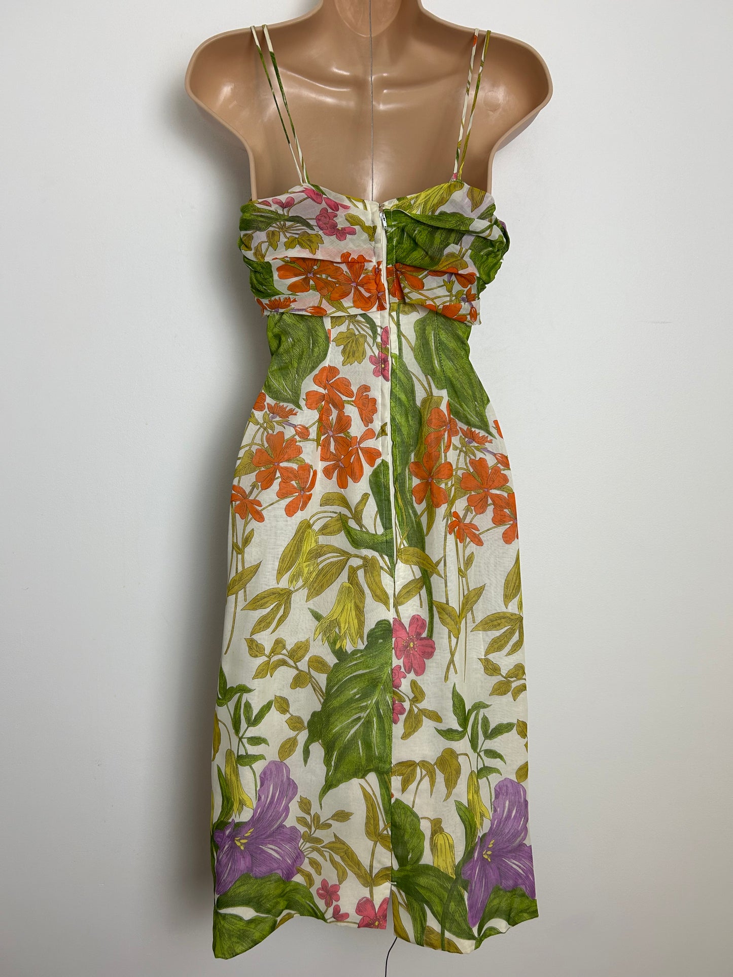 Vintage 1950s Size 8-10 White Orange Purple & Green Floral Print Cotton Fitted Wiggle Summer Occasion Dress