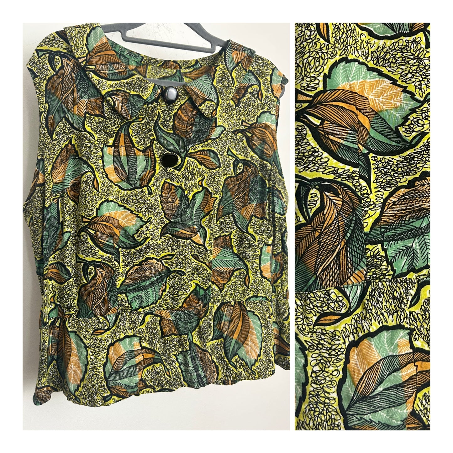 Vintage 1950s Size 14 Green & Brown Tones Leaf Print Sleeveless Collared Top