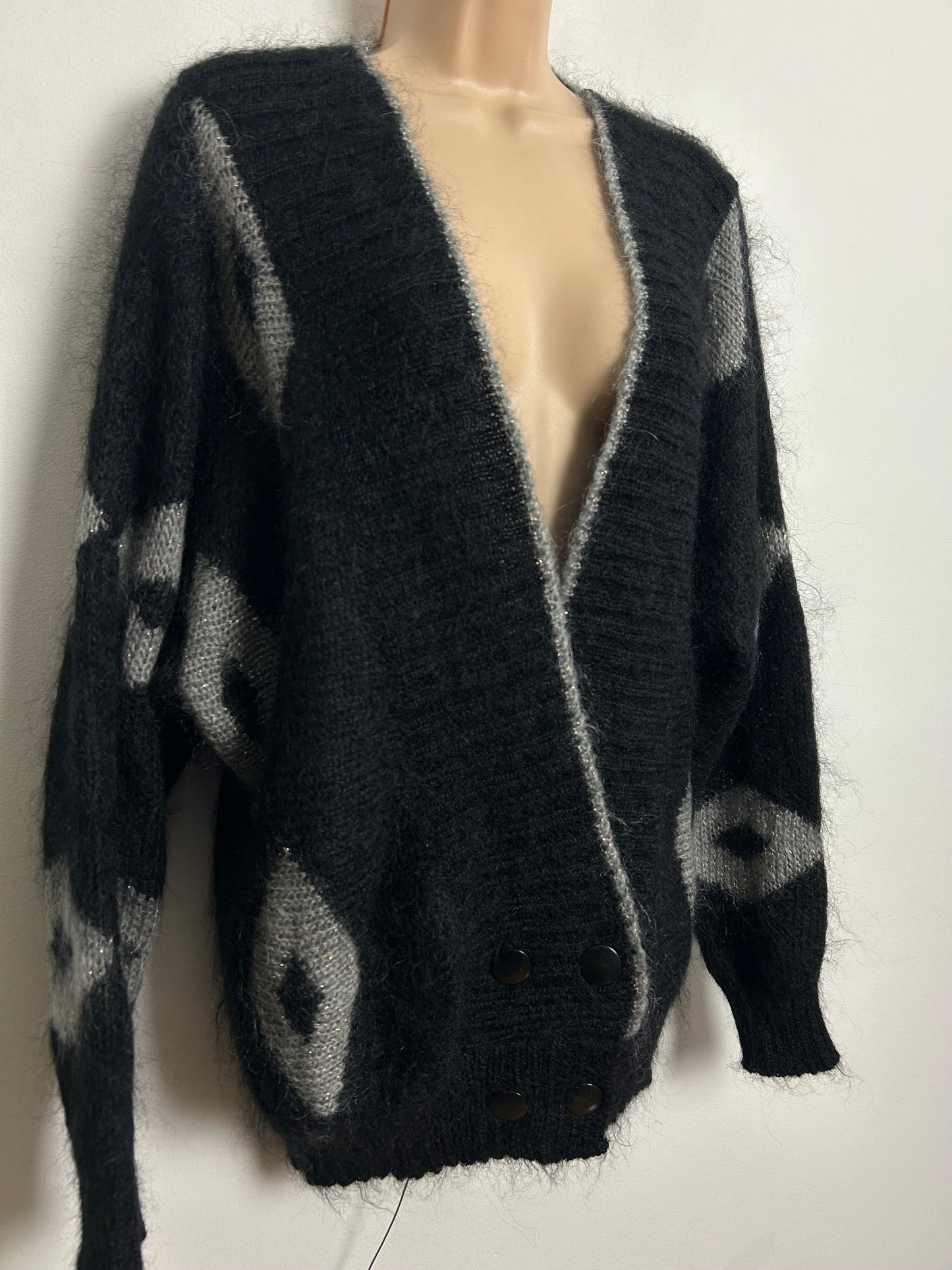 Vintage 1980s Up To Size 14/16 Black & Silvery Grey Mohair Mix Long Sleeve Slouchy Cardigan