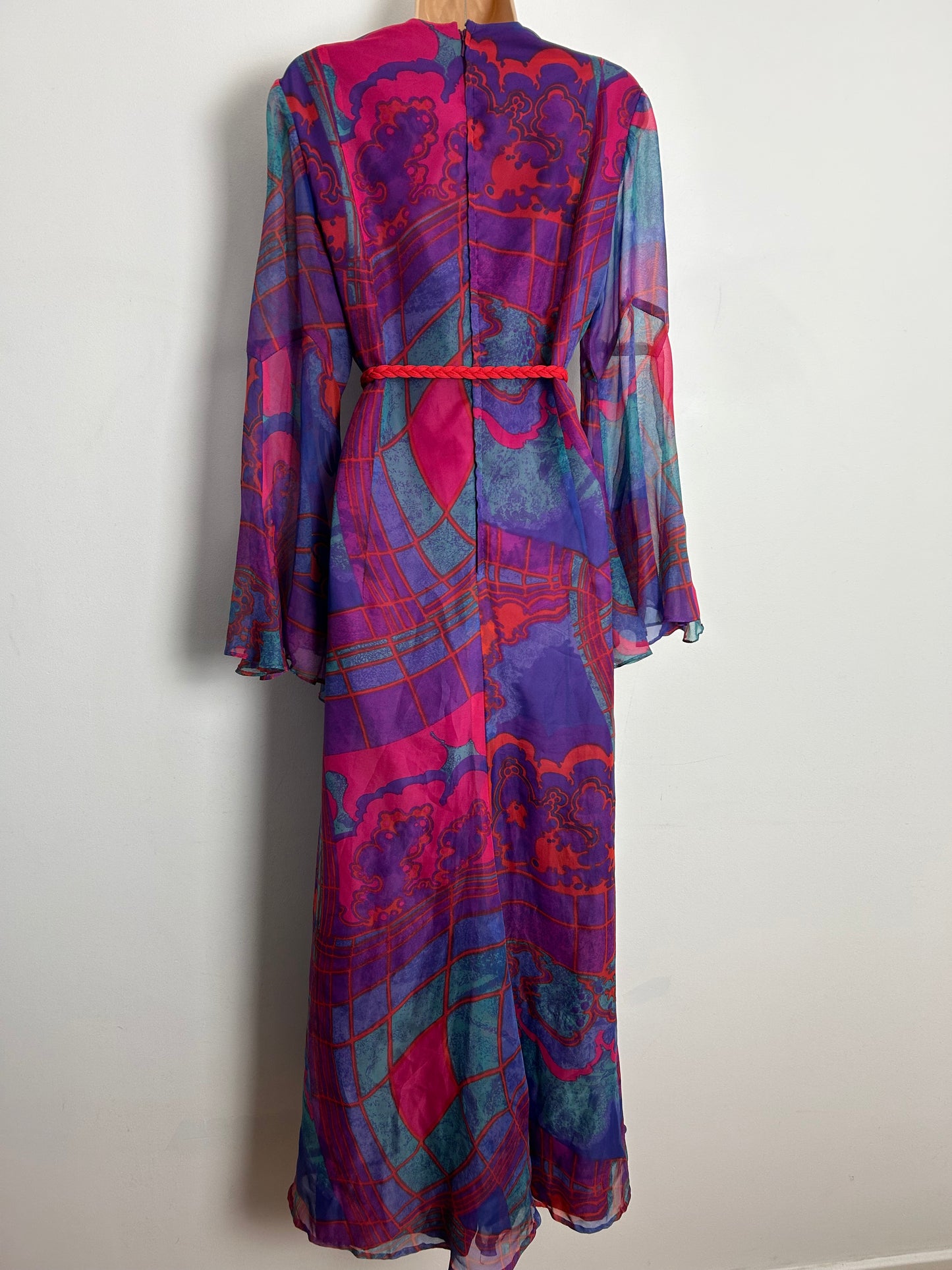 Vintage 1970s UK Size 12-14 Purple Pink Red Blue & Green Abstract Print Long Sleeve Flared Cuff Belted Maxi Dress