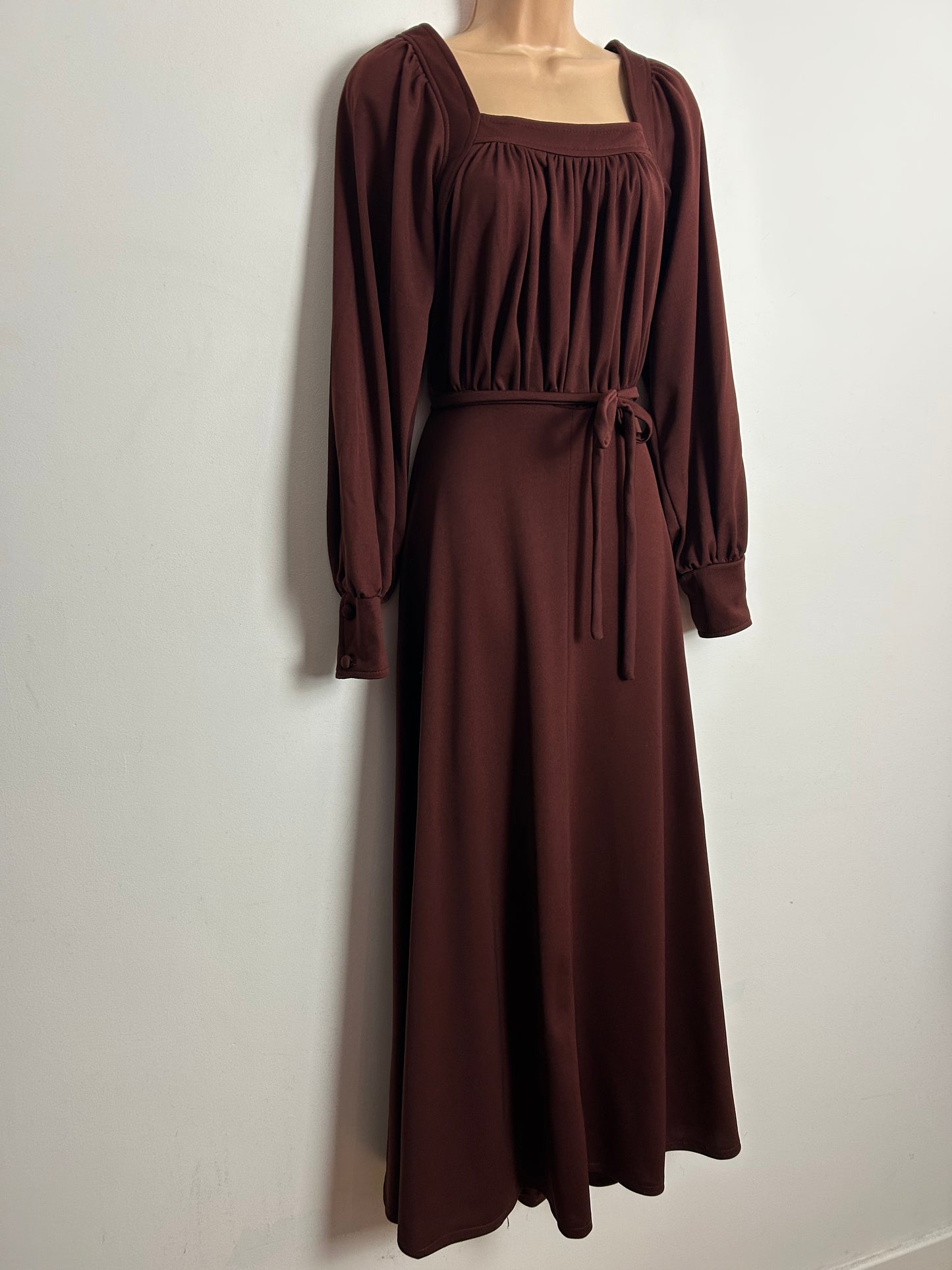 Vintage 1970s WAVE LENGTH UK Size 12 Chestnut Brown Long Sleeve Belted Boho Maxi Dress