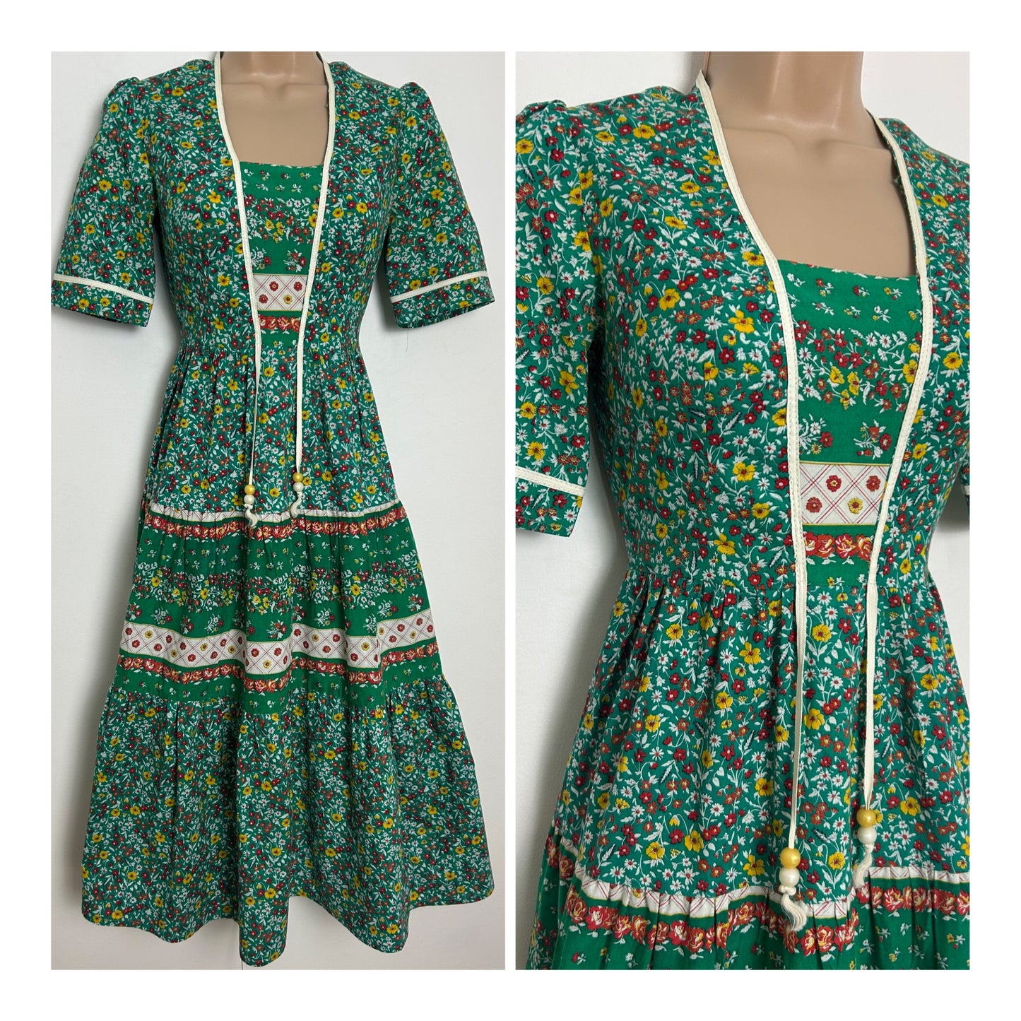Vintage 1970s RICHARD SHOPS Size 6 Green Red & Yellow Ditsy Floral Print Cotton Boho Day Dress