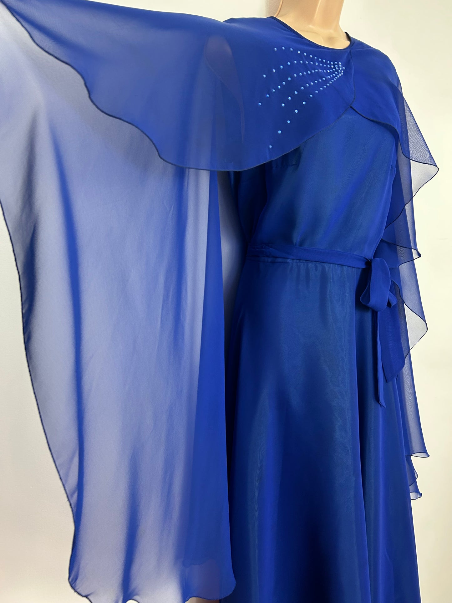 Vintage Late 1970s Size 12 Royal Blue Chiffon Rhinestone Detail Cape Sleeve Belted Occasion Evening Maxi Dress