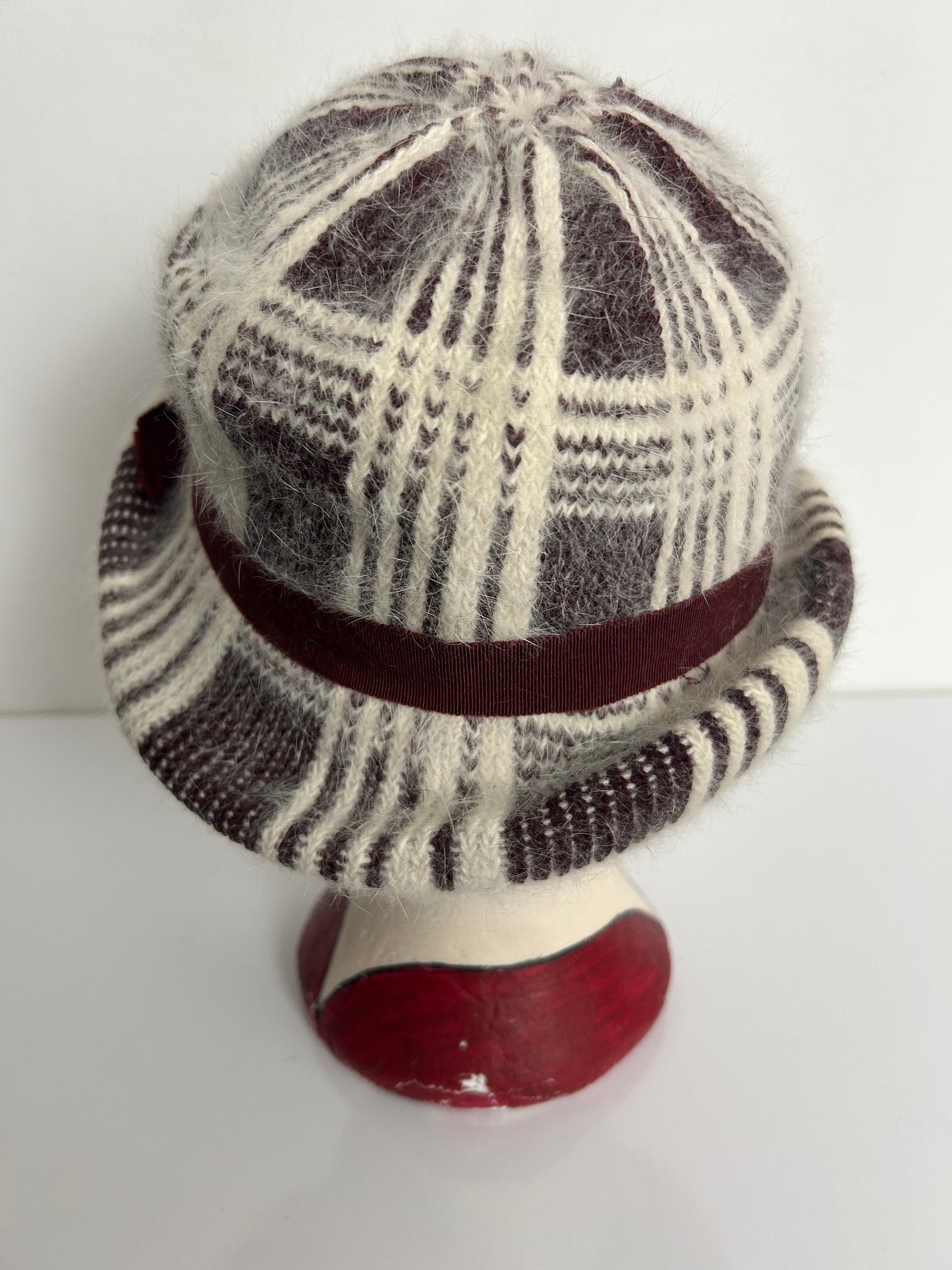 Vintage Cream & Maroon Check Pattern Angora Mix Braid Trim Hat