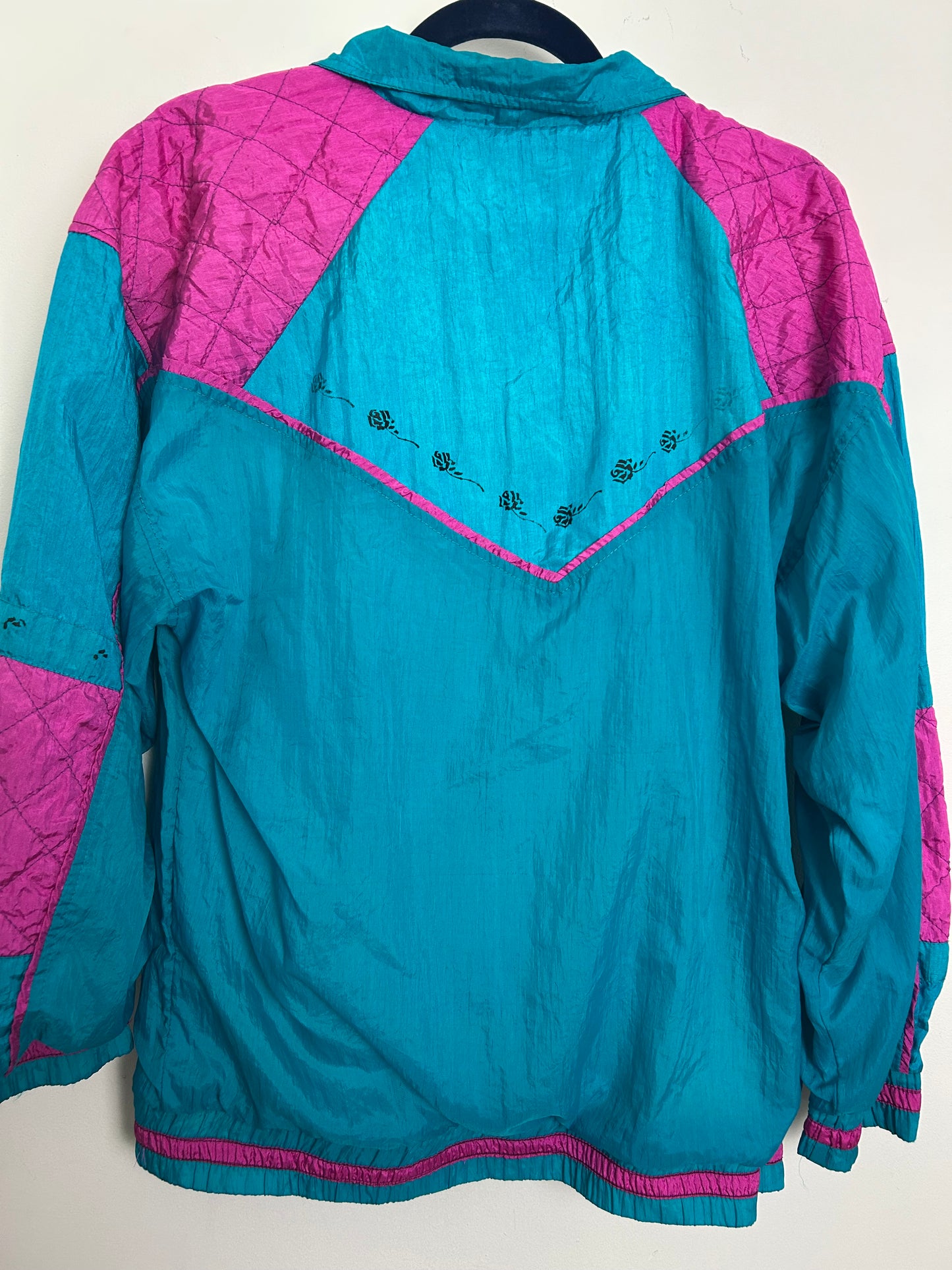 Vintage 1980s FASTLANE Size L (Up to 14) Teal Turquoise & Pink Shell Suit Jacket