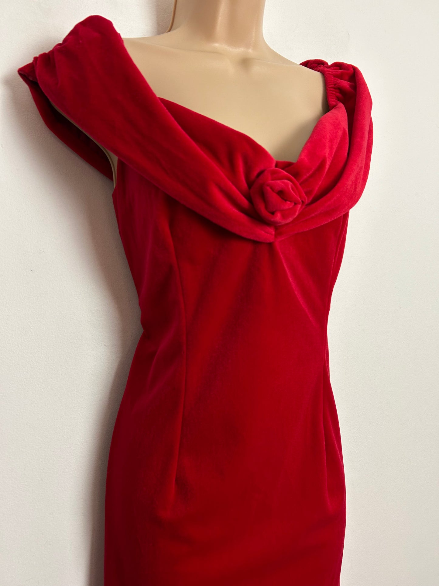 Vintage 1980s UK Size 12 Red Velvet Velour Bardot Neck Corsage Detail Xmas Party Occasion Dress