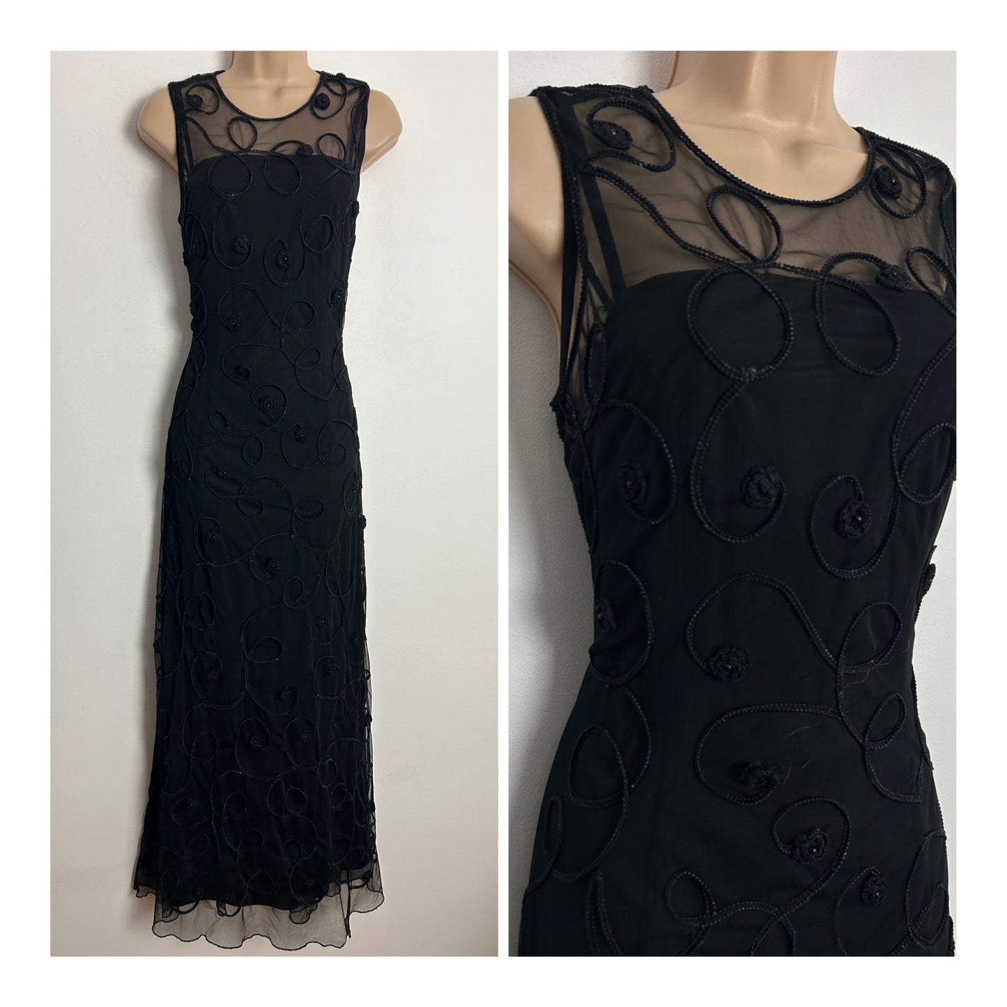 Vintage 1980s NIENTIE UK Size 8-10 Black Illusion Neck Fine Mesh Braid Trim Sleeveless Occasion Evening Maxi Dress