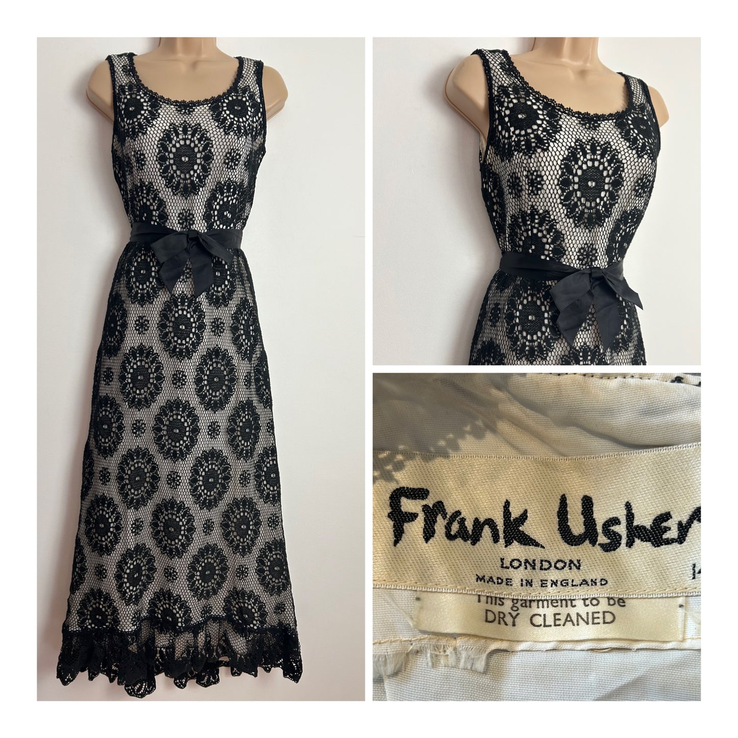 Vintage 1960s FRANK USHER LONDON Size 8 Black Crochet Lace Sleeveless Satin Belted Occasion Evening Maxi Dress