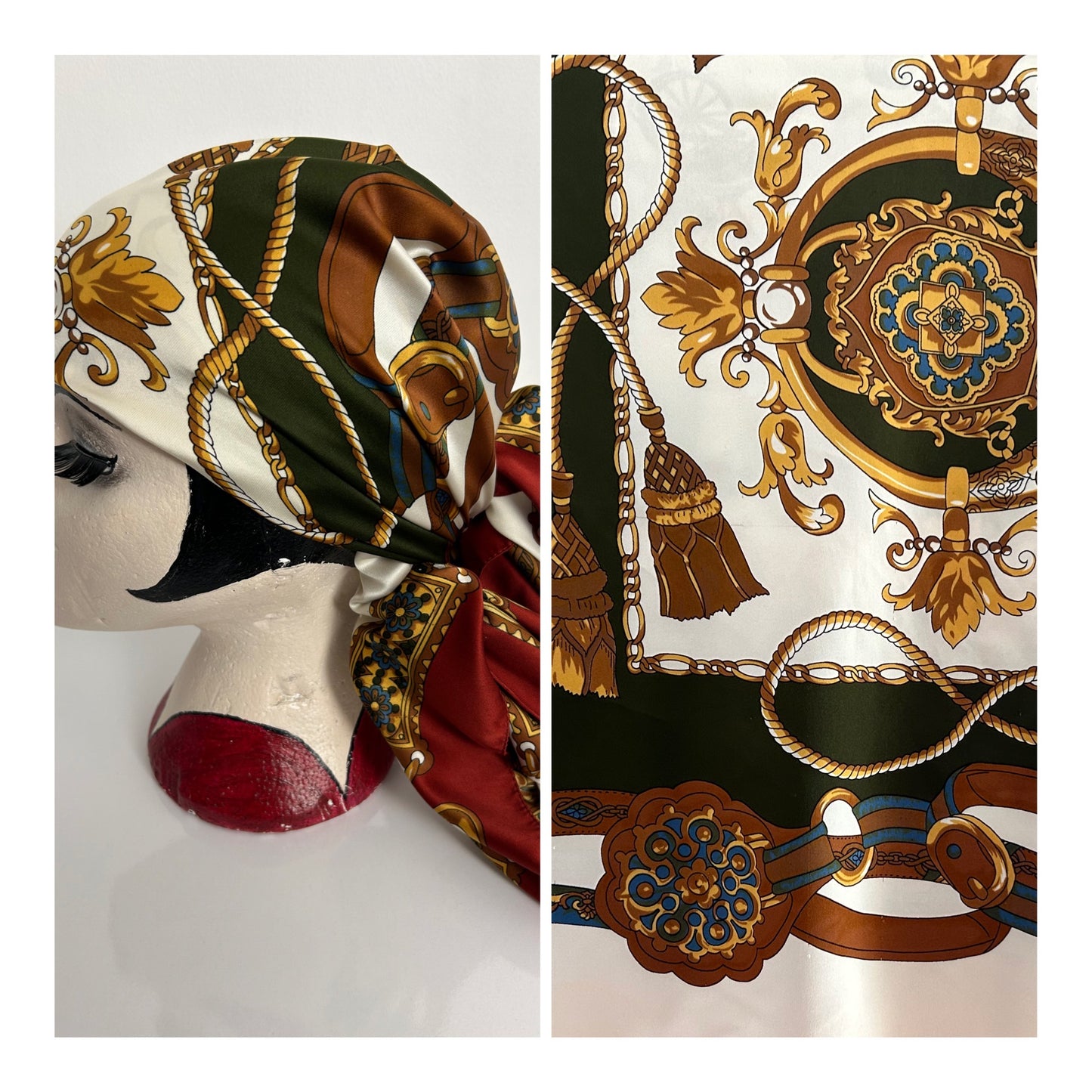 Vintage Rust Cream Brown & Green Baroque Nouveau Print Large Polyester Scarf 87cm x 87cm