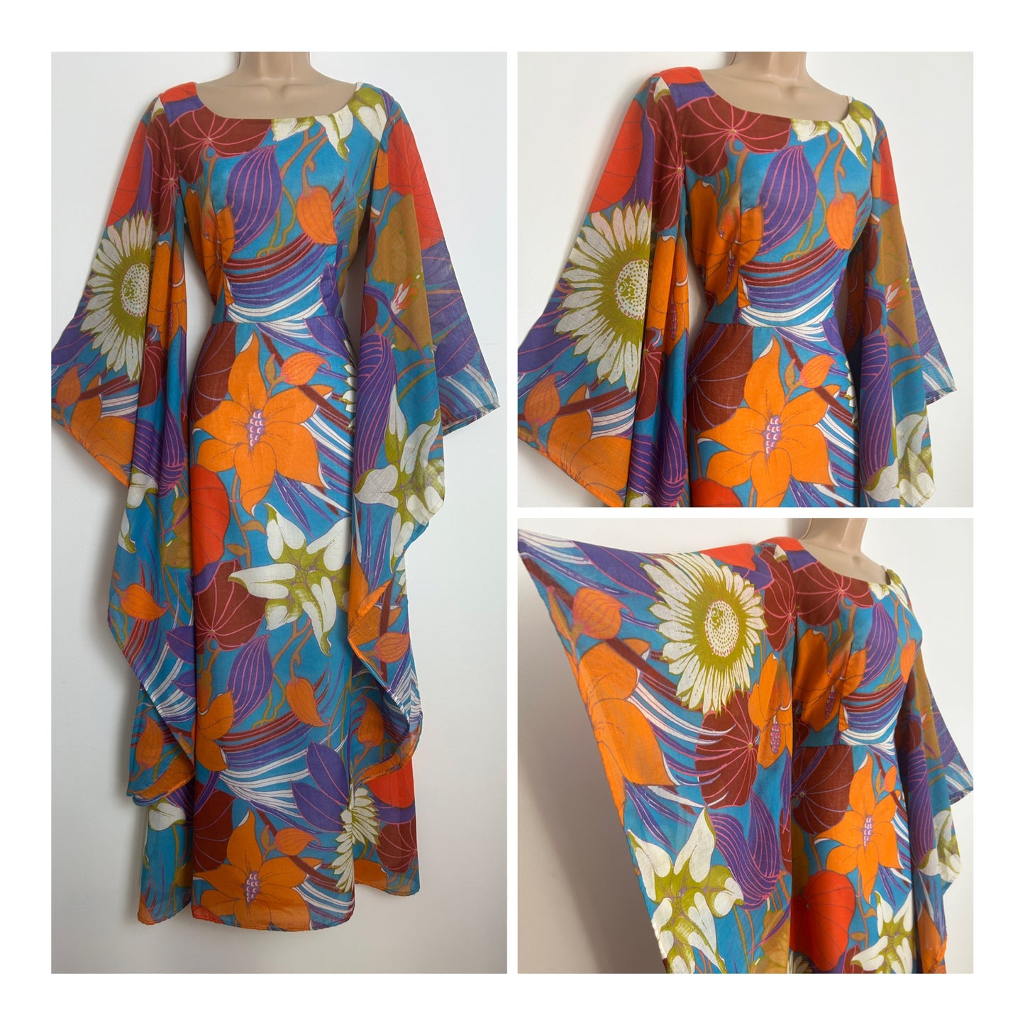 Vintage 1970s SIMON ELLIS Size 8 Gorgeous Orange Brown Blue & Purple Floral Print Long Flared Sleeve Maxi Dress