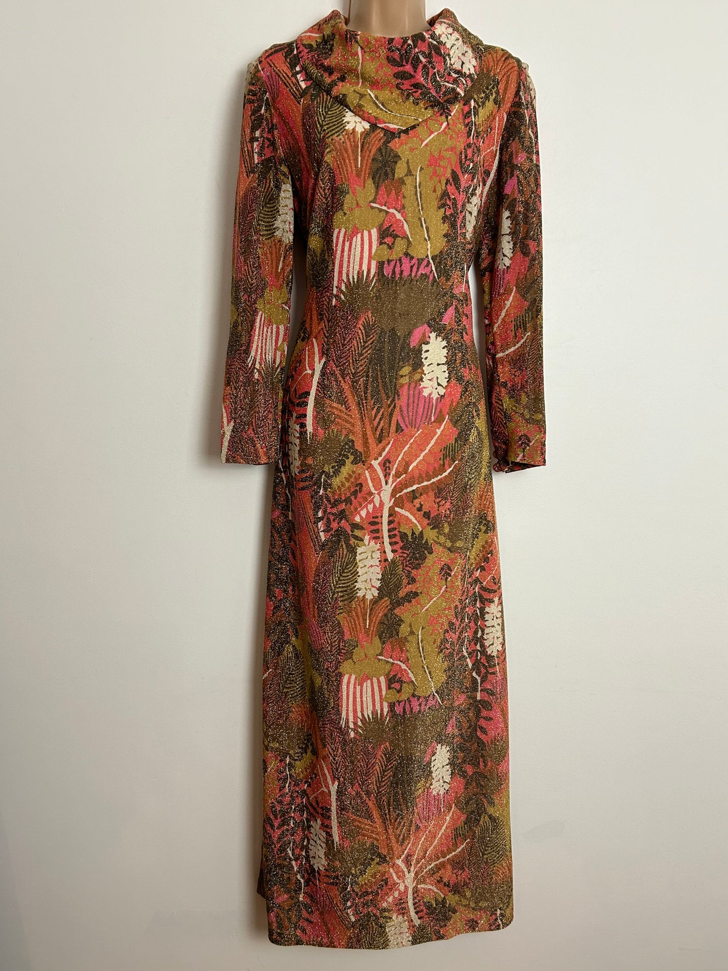 Vintage 1960s WYNDALE UK Size 12-14 Orange & Brown Tones Floral Print Lurex Occasion Maxi Dress