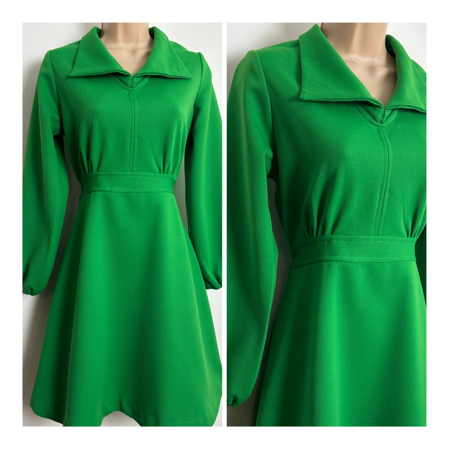 Vintage 1970s DELAMERE Size 8-10 Green Long Sleeve Tie Back Fit & Flare Mod Dress