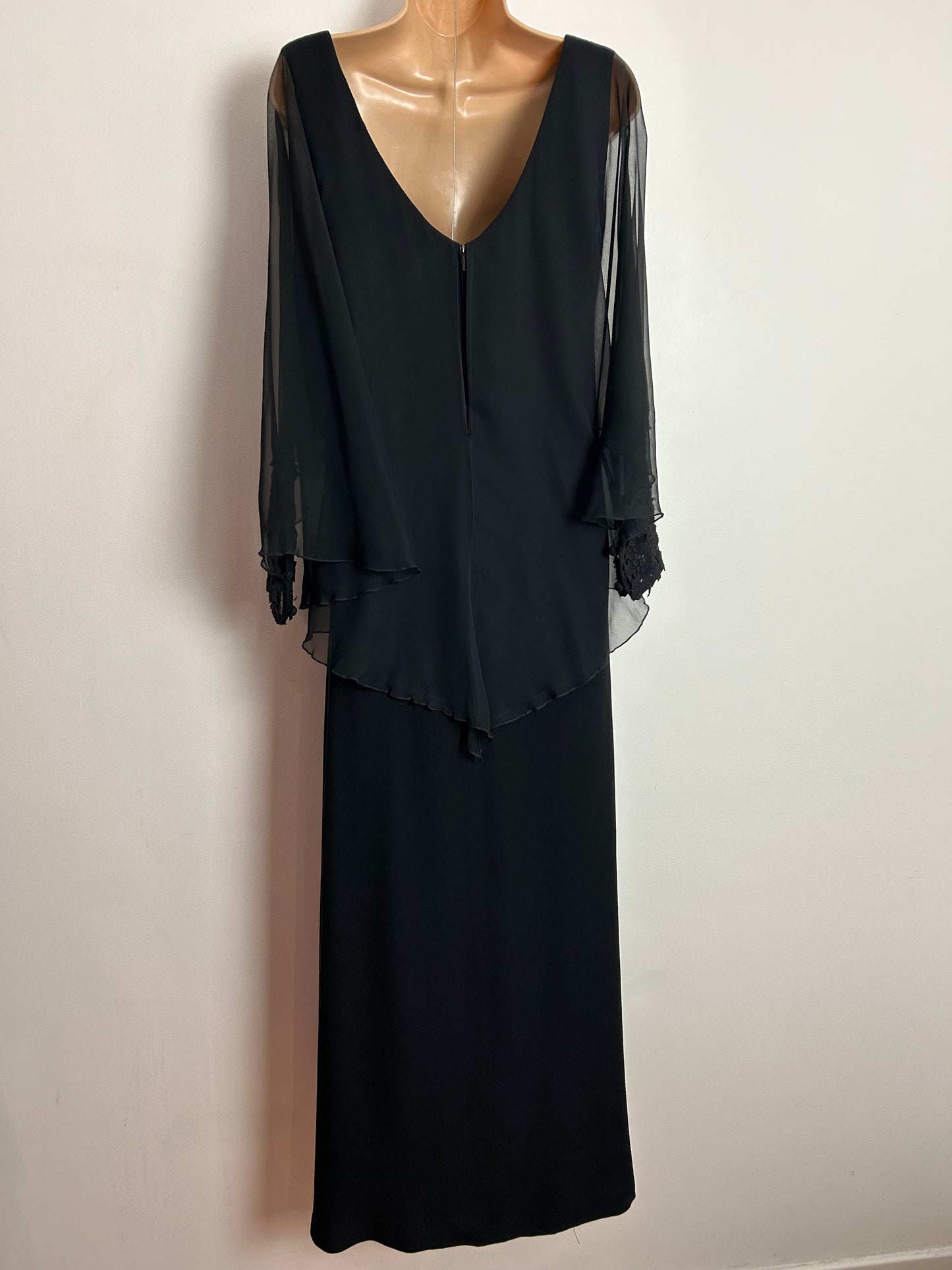 Vintage 1970s UK Size 12 Black Chiffon Cuffed Capelet Occasion Evening Maxi Dress