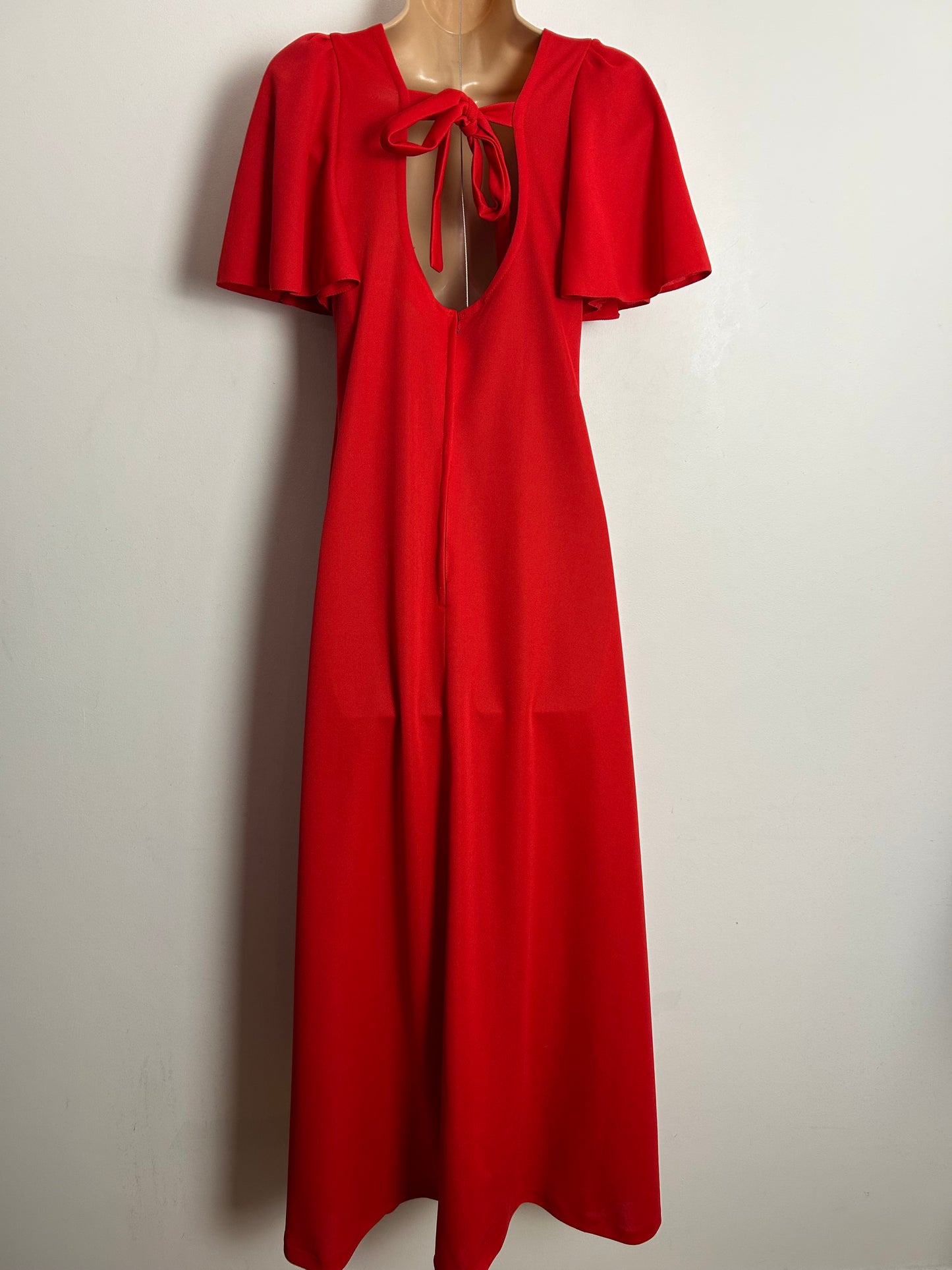 Vintage 1970s UK Size 8 Red Plunge Neck Short Sleeve Lace Trim Boho Maxi Dress