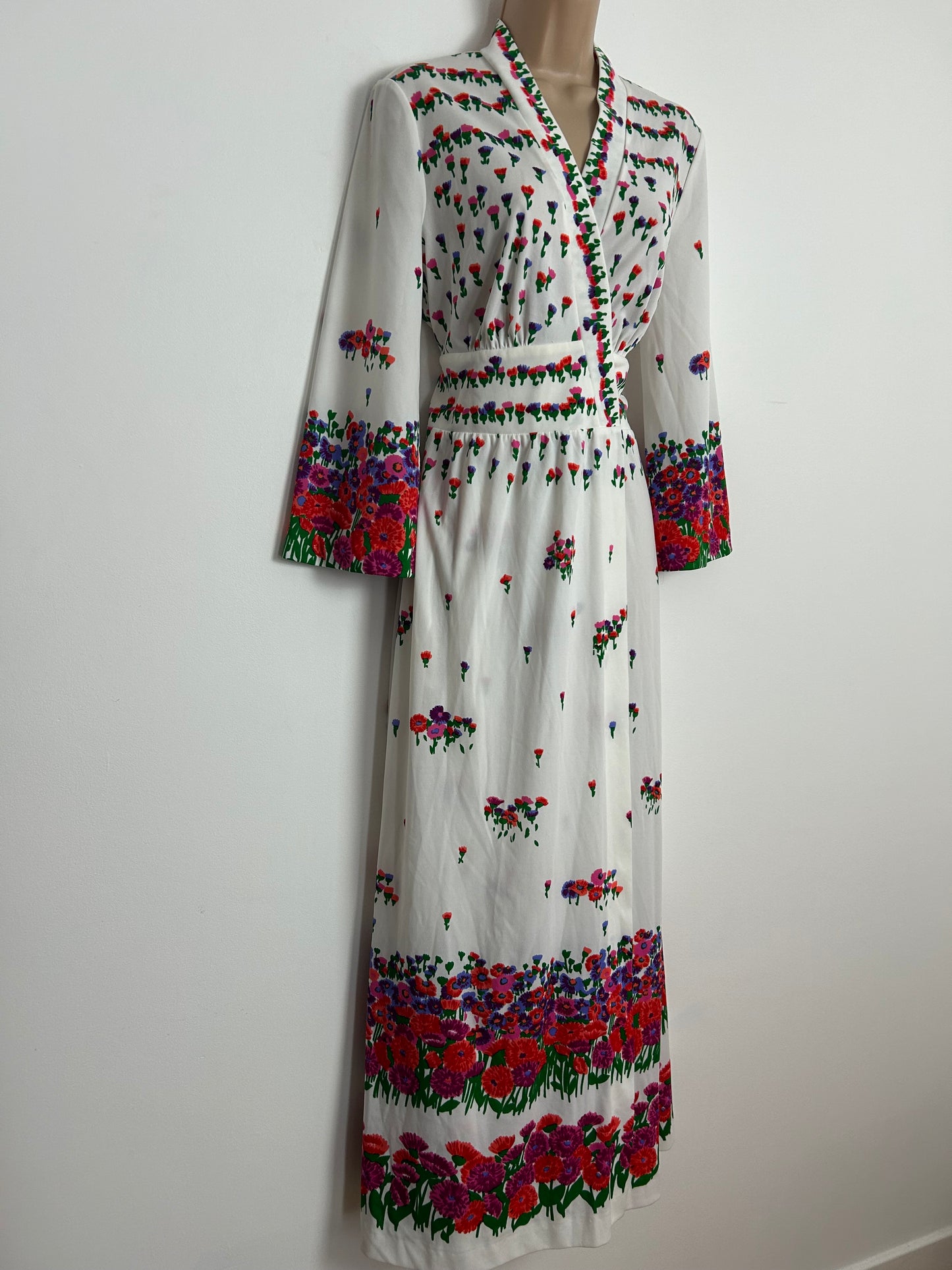 Vintage 1970s FURSTENBURG Size 12 White Red Pink & Green Floral Print Wrap Maxi Dress